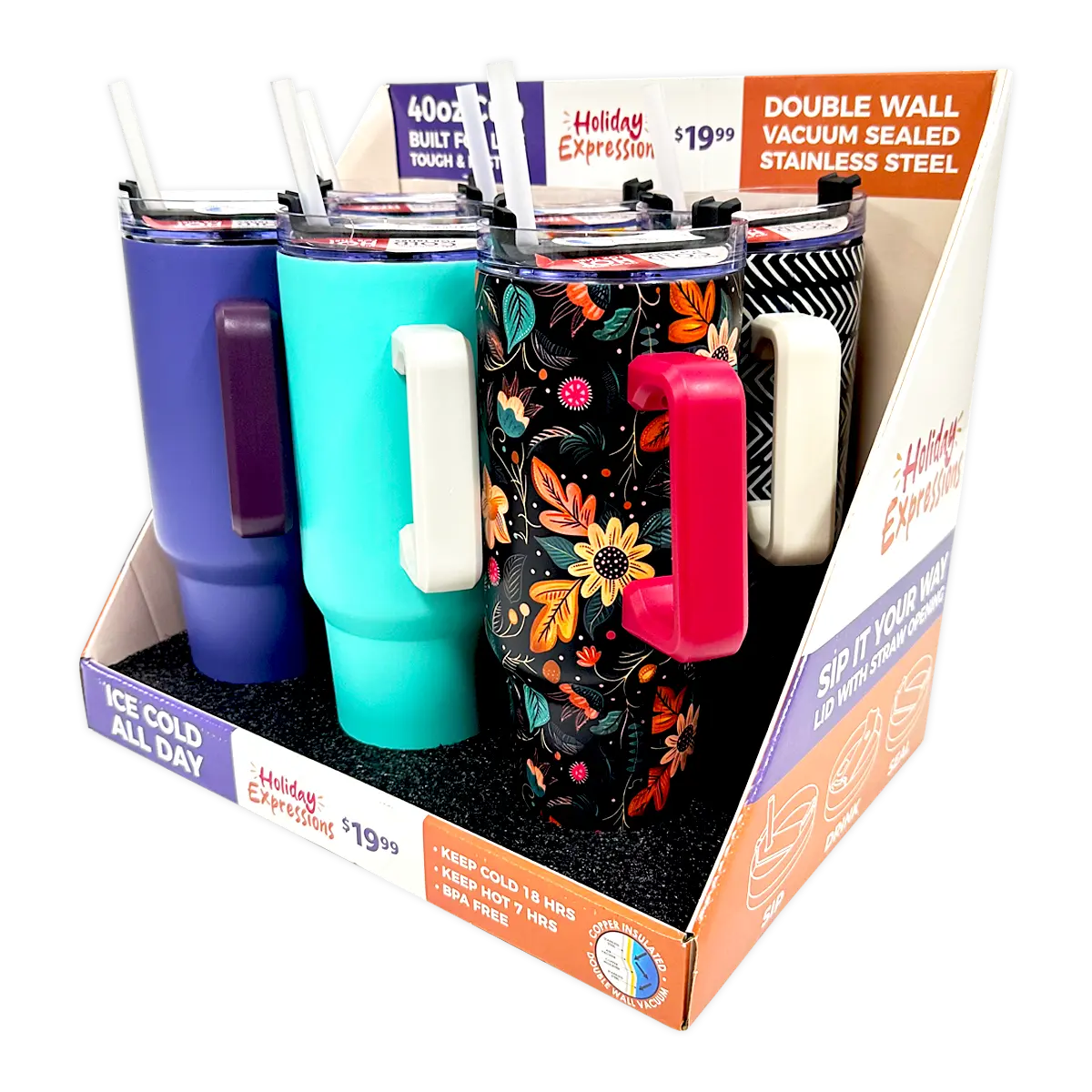 40 oz Stainless-Steel Insulated Seasonal Cups - 15 Pieces Per Retail Ready Display 88571 ROUGHNECK