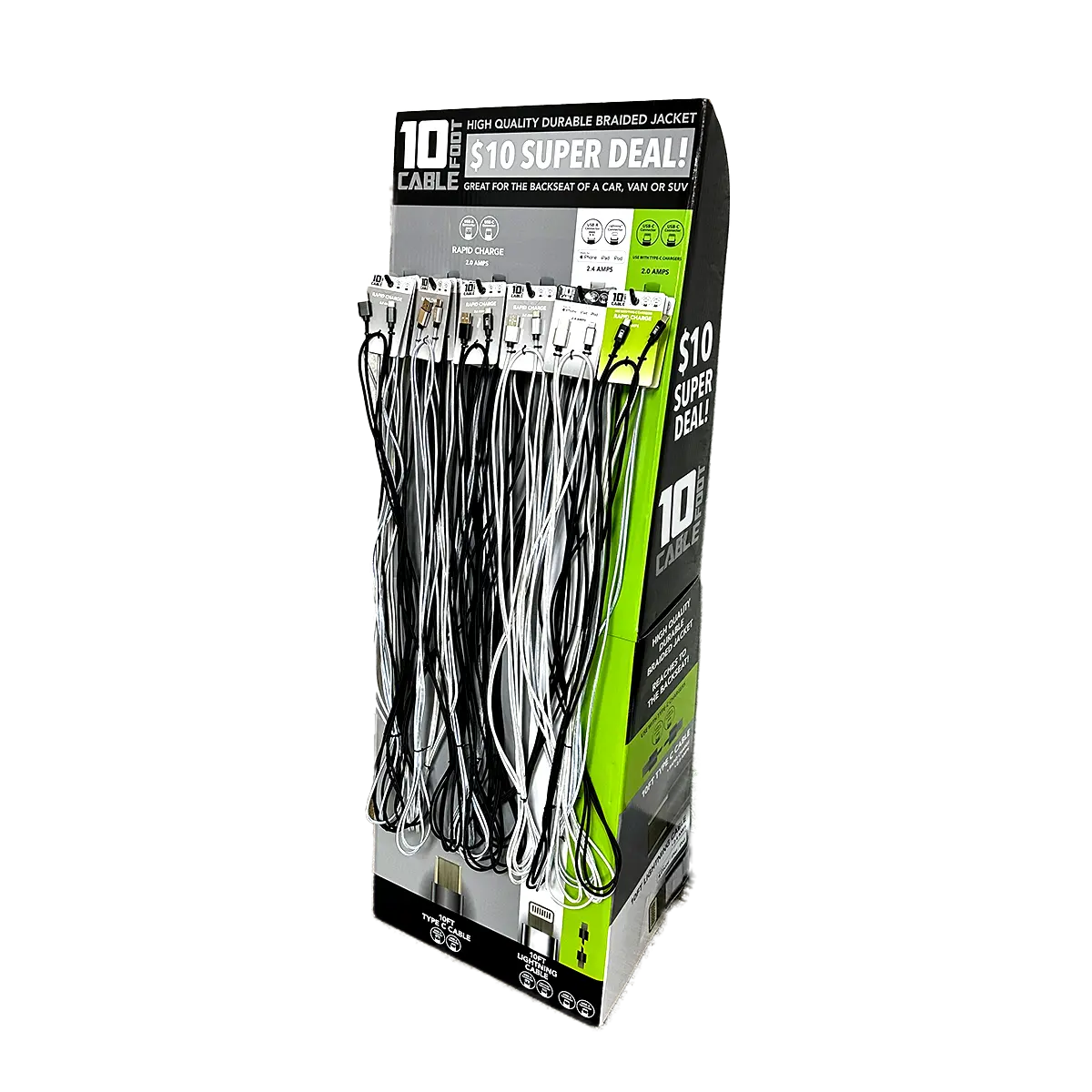 10FT Braided Sync and Charge Cable Assortment Floor Display - 24 Pieces Per Retail Ready Display 88585 GADGET GEAR