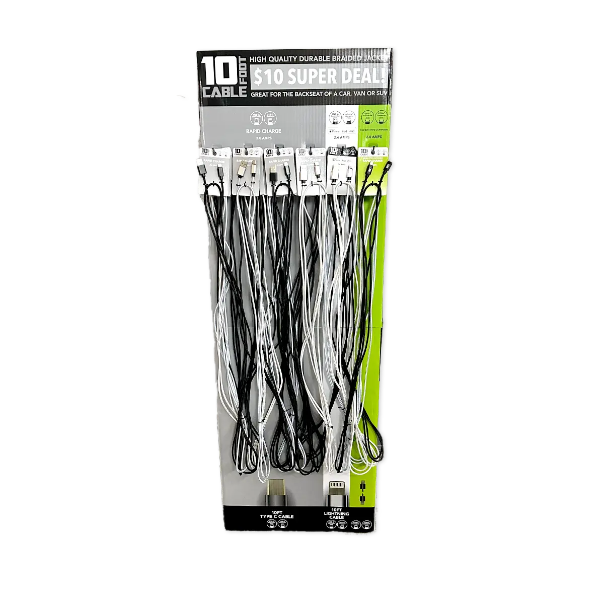 10FT Braided Sync and Charge Cable Assortment Floor Display - 24 Pieces Per Retail Ready Display 88585 GADGET GEAR