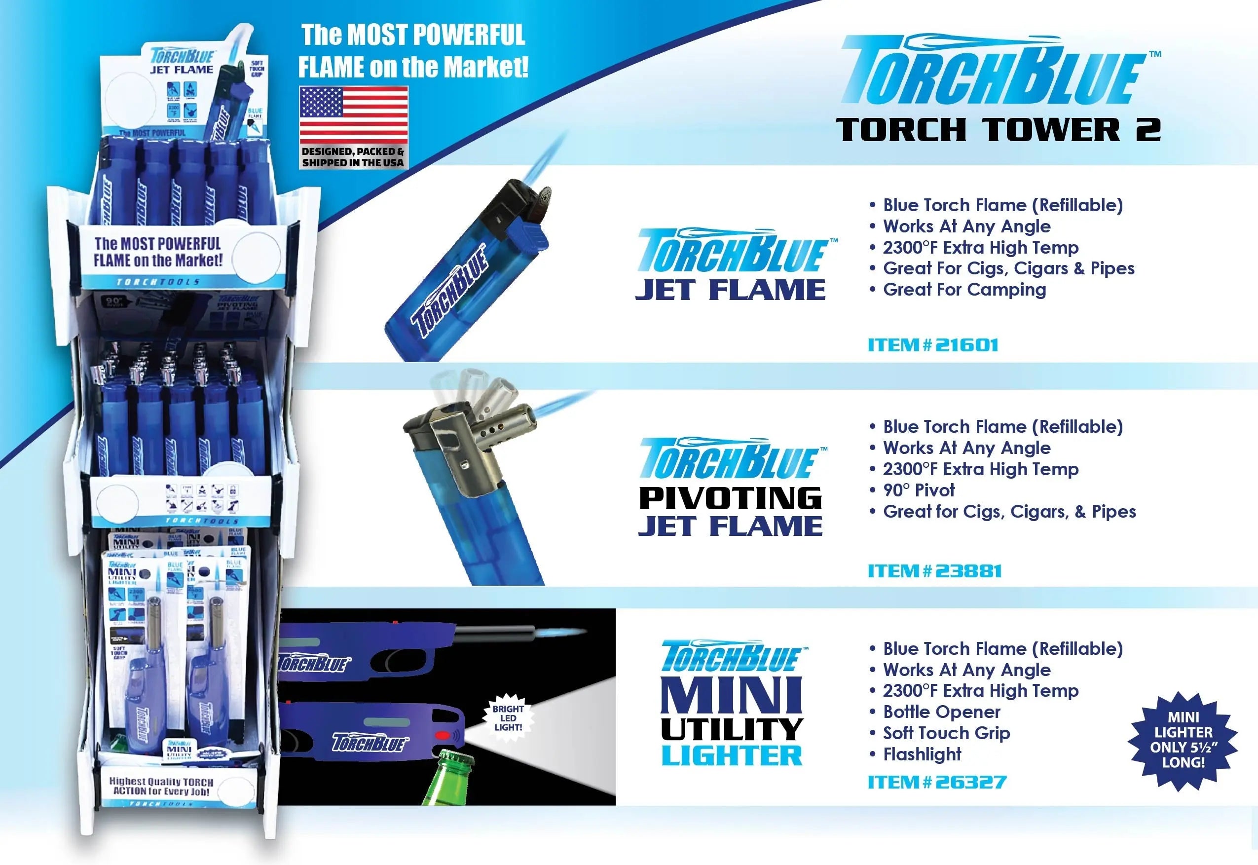Torch Tower 2 - 3 Tier Countertop Assortment - 62 Pieces Per Retail Ready Display 88675 TORCH BLUE