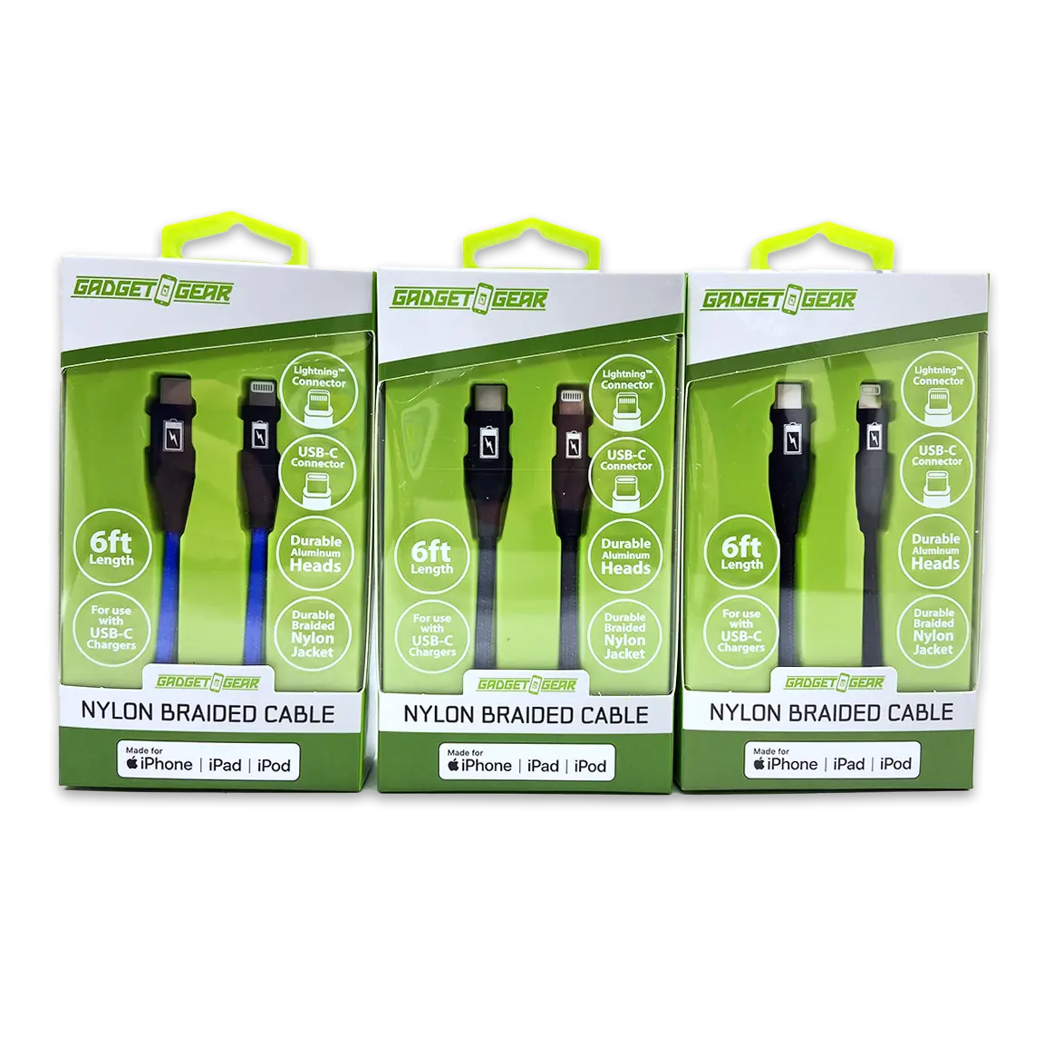 Charging Cable Braided Nylon USB-C to Lightning 6FT 2.4 Amp - 3 Pieces Per Pack 24606 GADGET GEAR