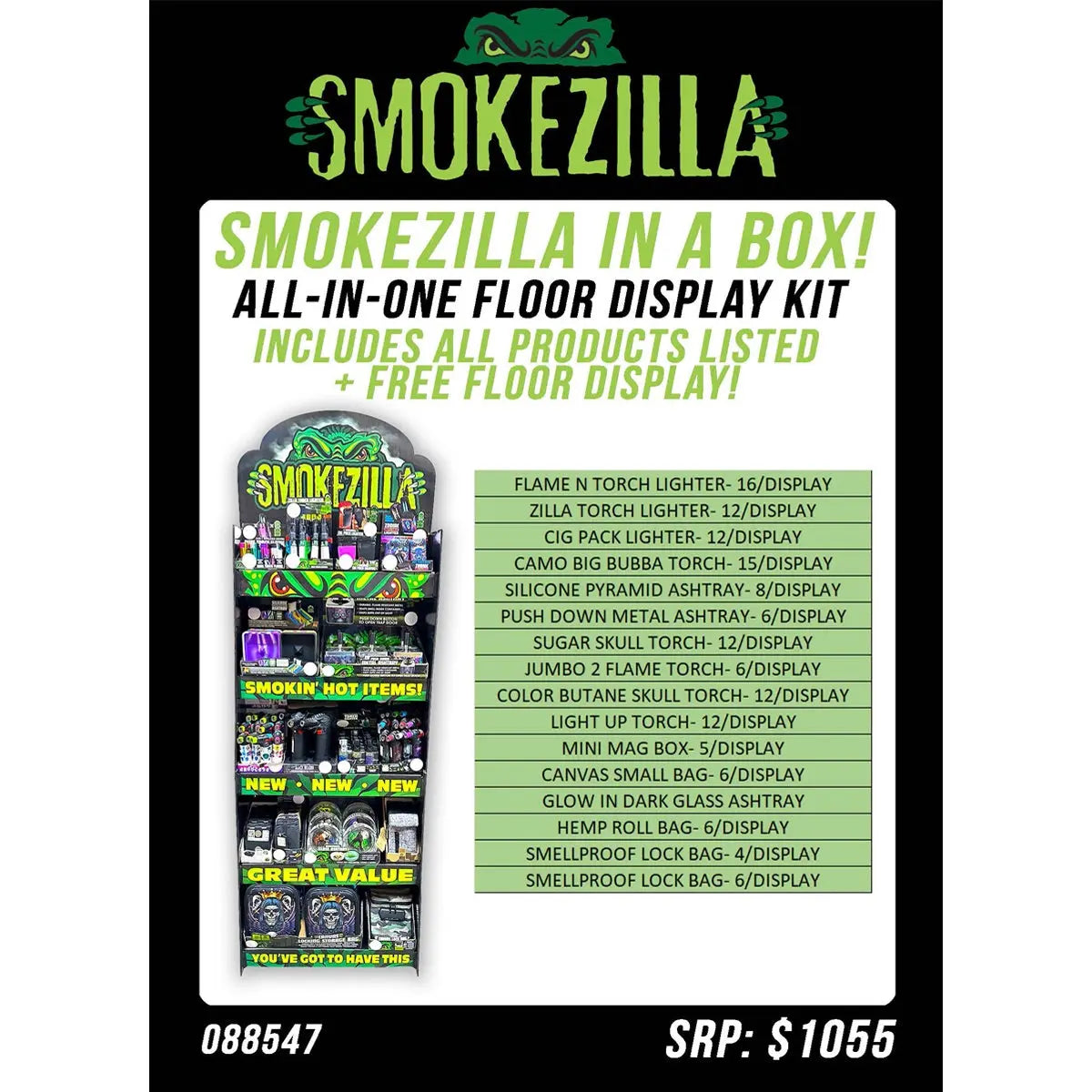 Curated Smokezilla Top Sellers Assorted Smoking Accessories Floor Display 088547 SMOKEZILLA