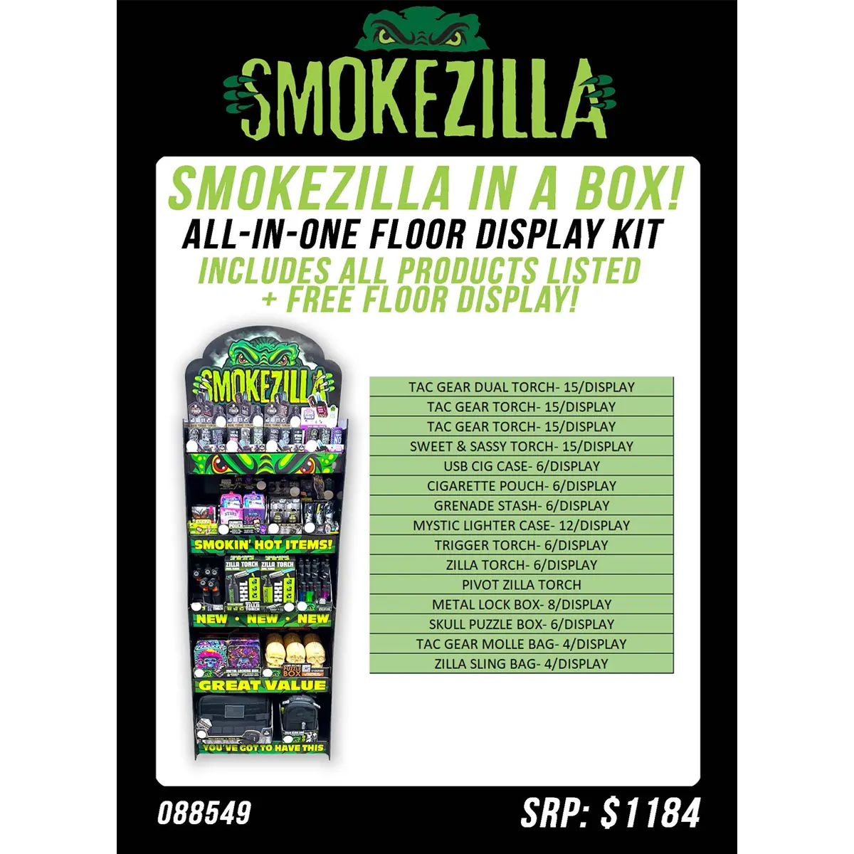 Curated Smokezilla Top Sellers Assorted Smoking Accessories Floor Display 88549 SMOKEZILLA