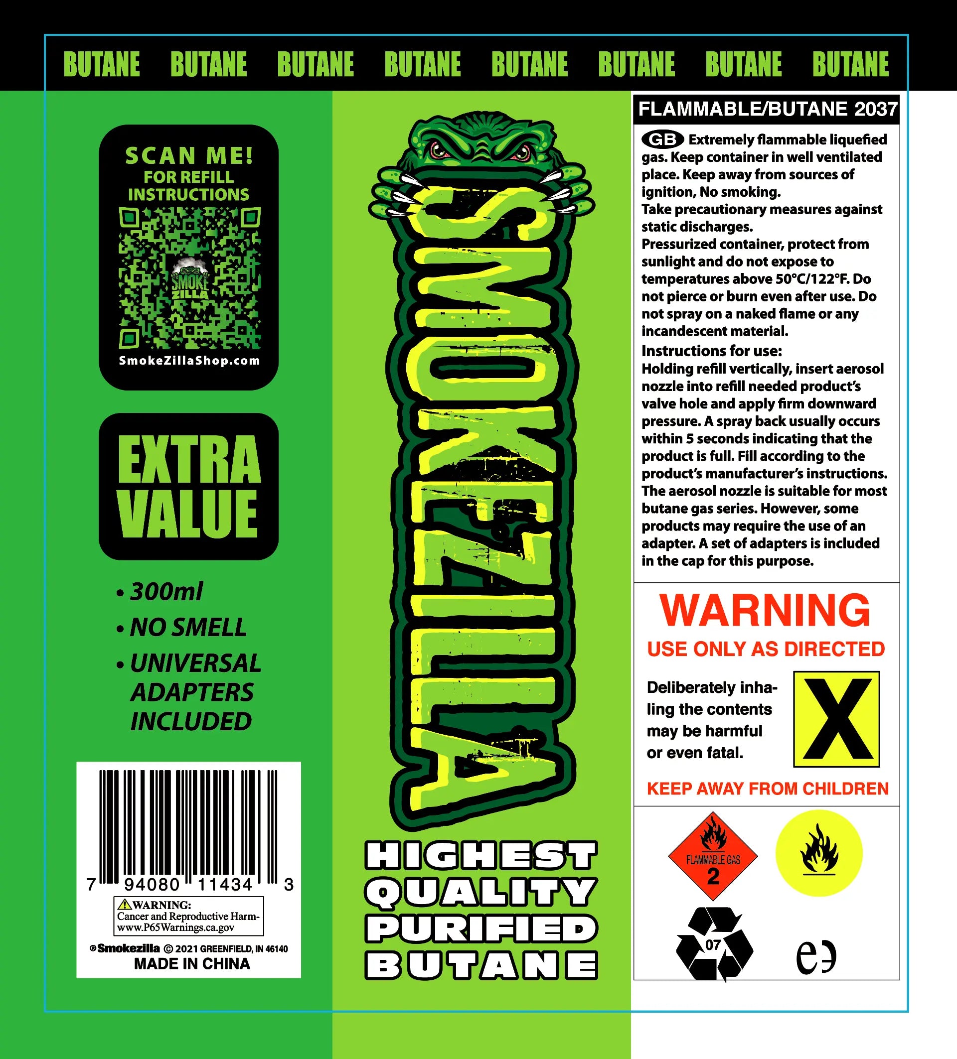 300ML Bulk Smokezilla Butane Refill - 6 Pieces Per Retail Ready Display 41397 SMOKEZILLA