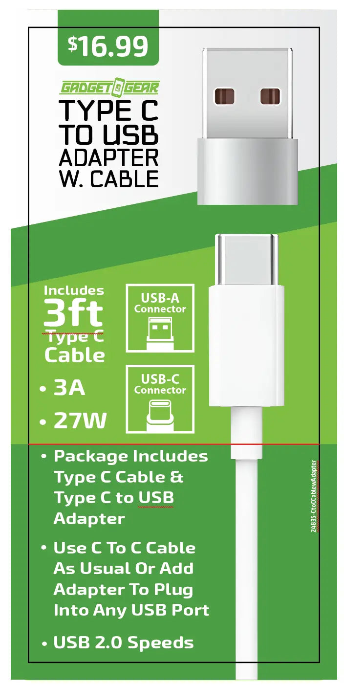Charging Cable USB-C to USB-C with USB Adapter 3FT 3 Amp - 6 Pieces Per Retail Ready Display 24835 GADGET GEAR