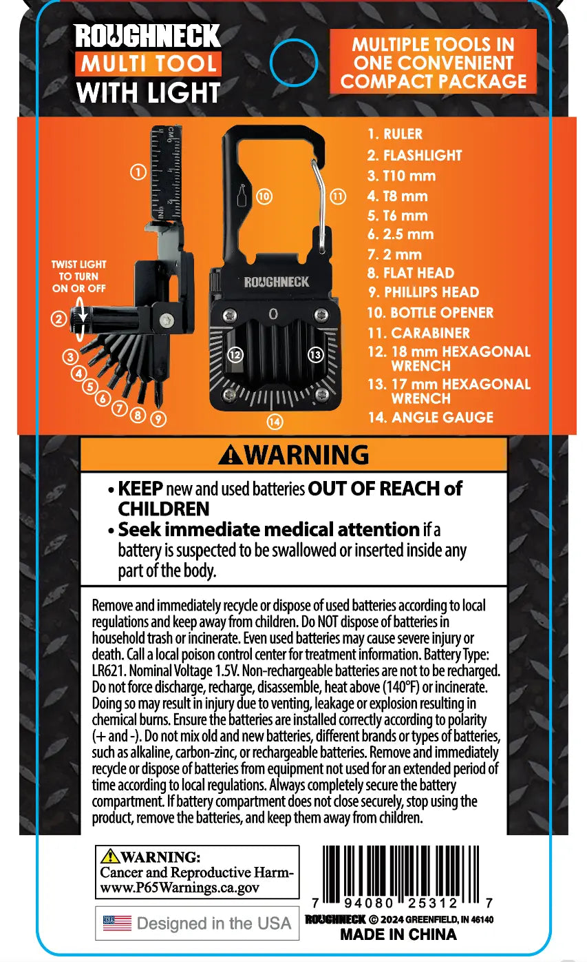 Multi-Tool 14-in-1 Carabiner with Light - 6 Pieces Per Retail Ready Display 25312 ROUGHNECK