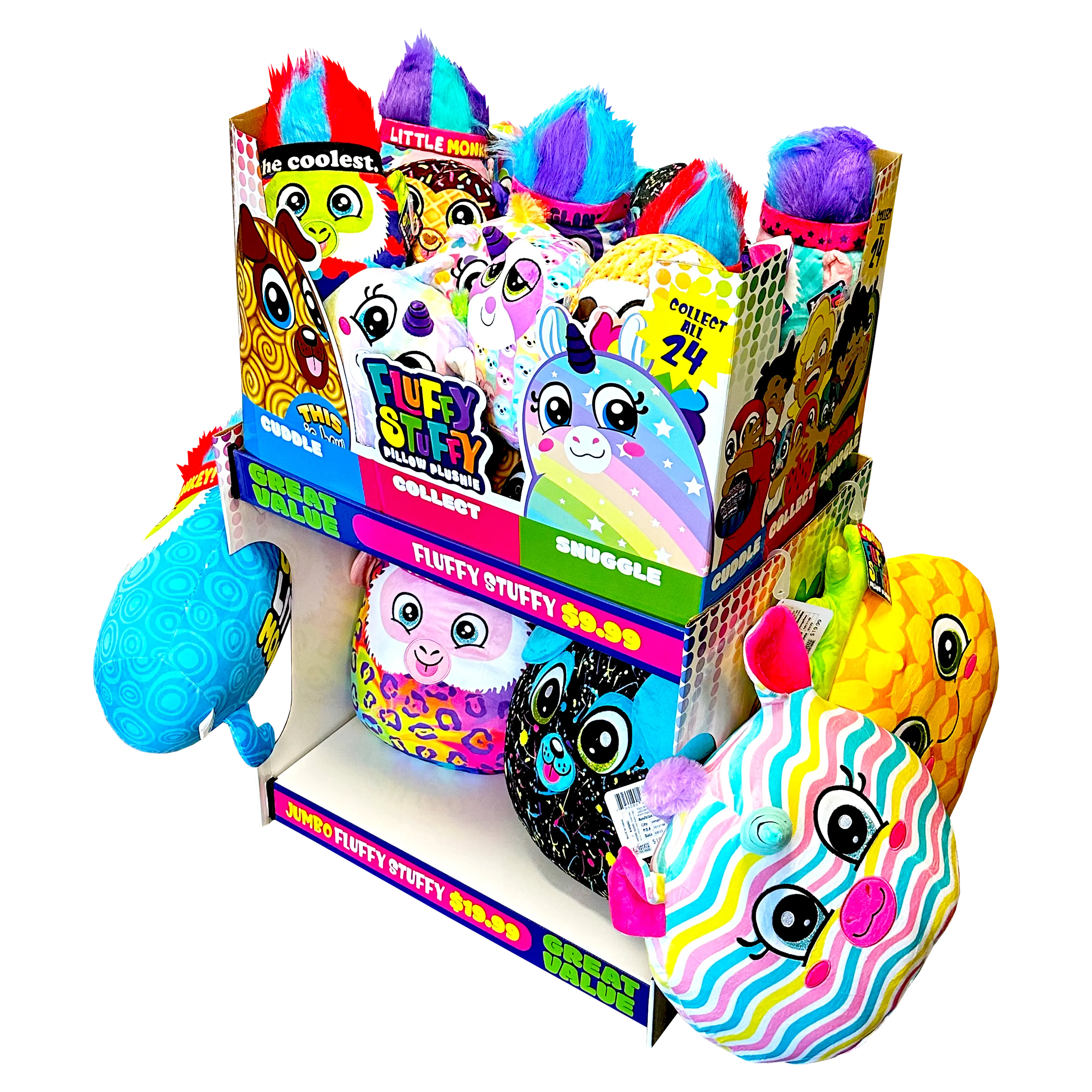 Pillow Plush Fluffy Stuffy Assortment Floor Display - 30 Pieces Per Retail Ready Display 88438 KIPP BROTHERS