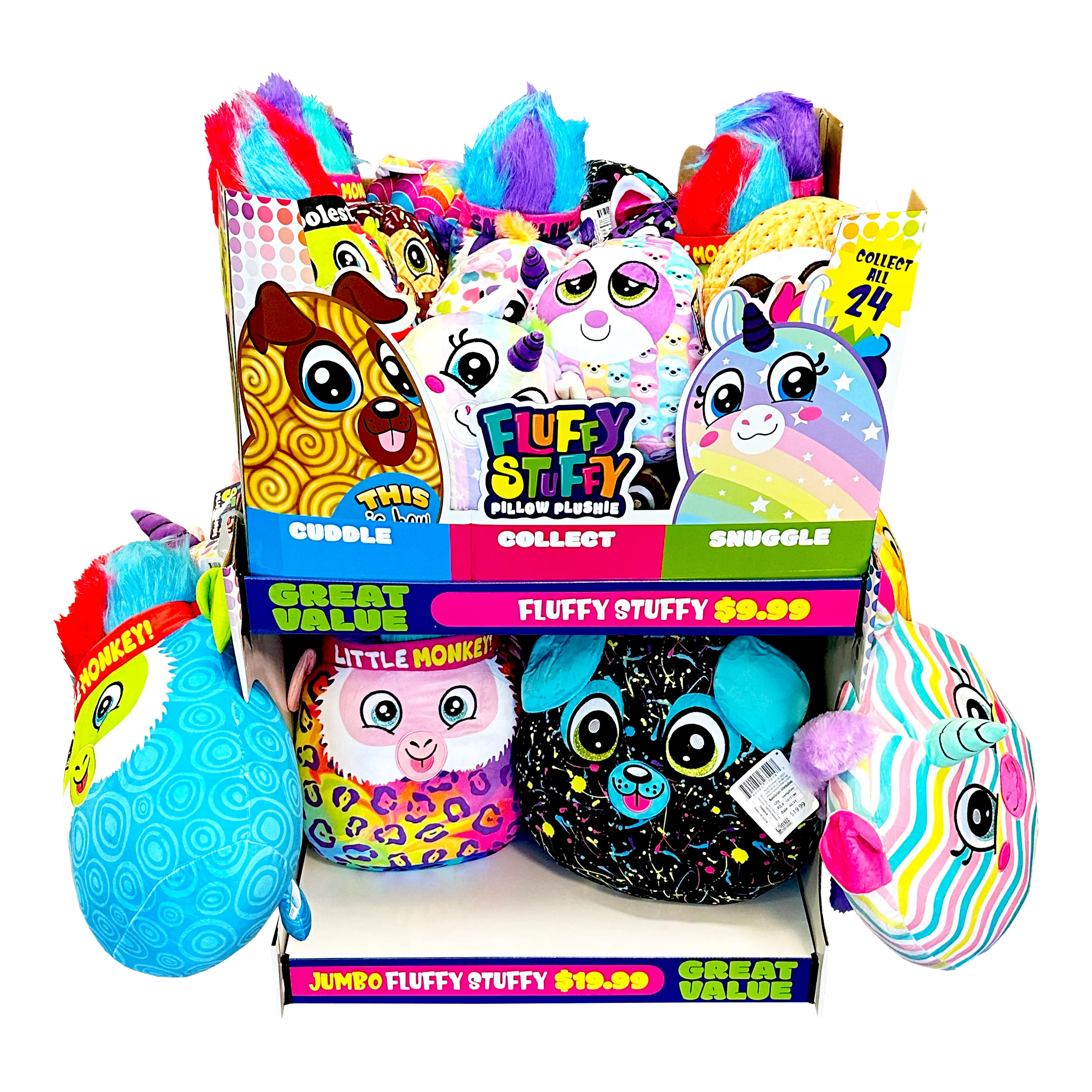 Pillow Plush Fluffy Stuffy Assortment Floor Display - 30 Pieces Per Retail Ready Display 88438 KIPP BROTHERS