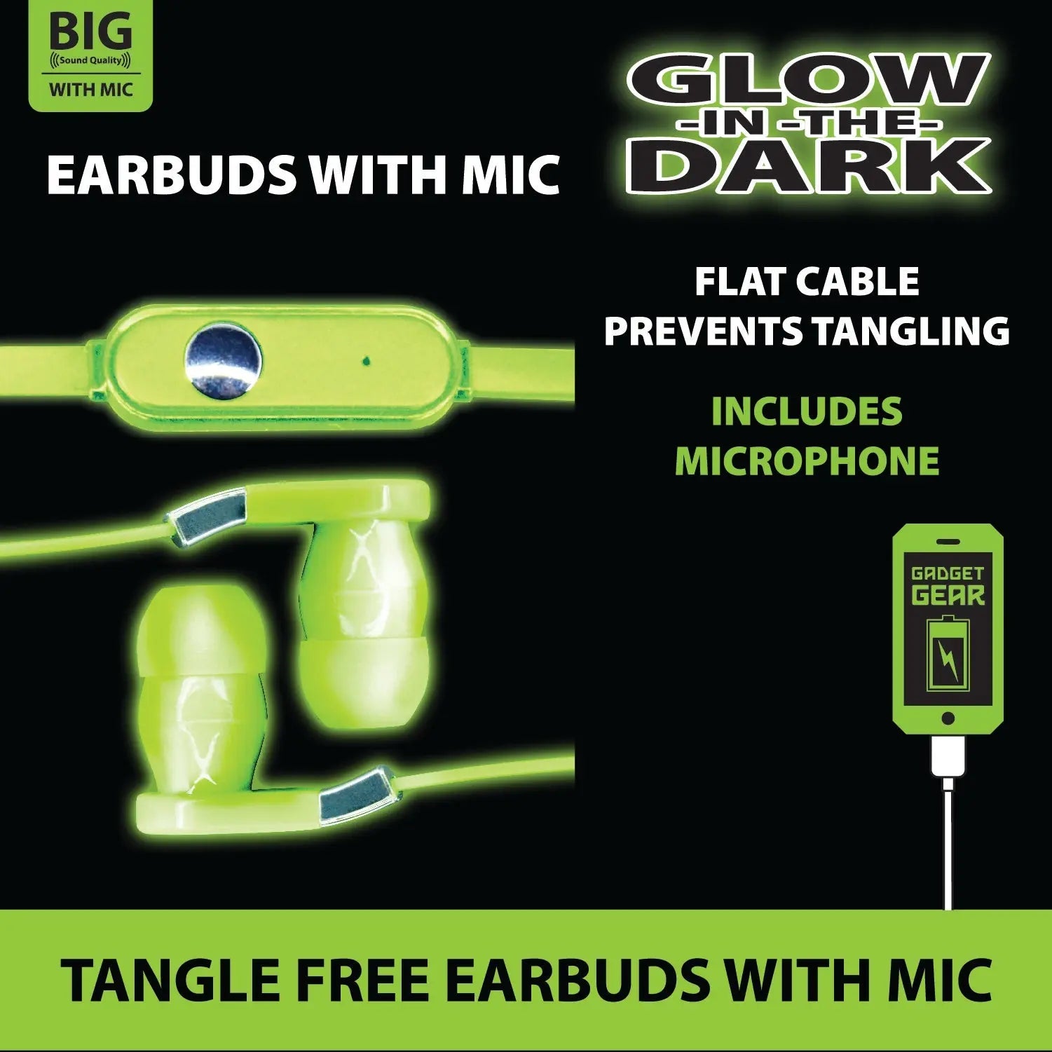 Wired Earbuds Glow in The Dark with Mic - 3 Pieces Per Pack 20614 GADGET GEAR