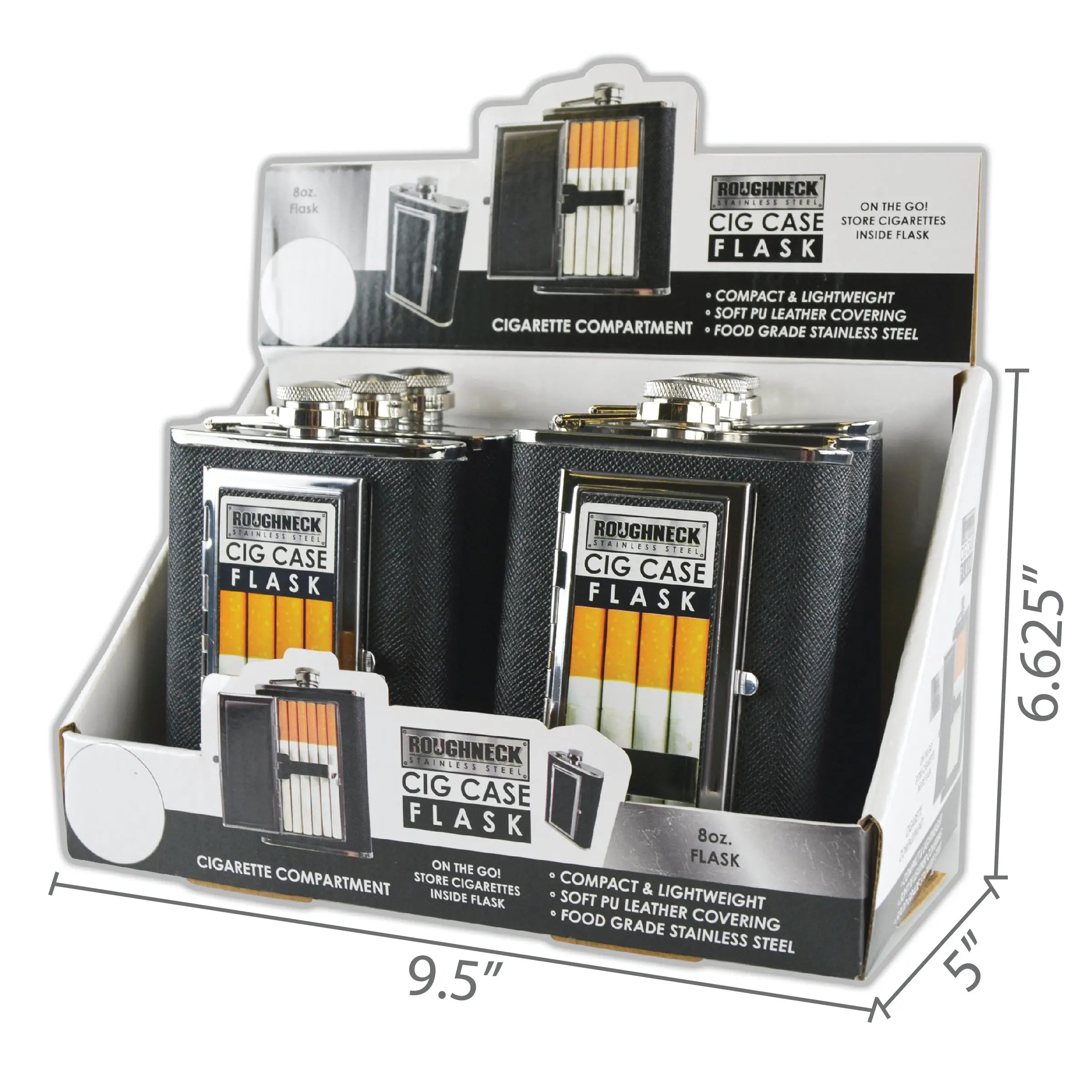 8 oz Stainless-Steel Flask with Cigarette Case - 6 Pieces Per Retail Ready Display 21768 ROUGHNECK