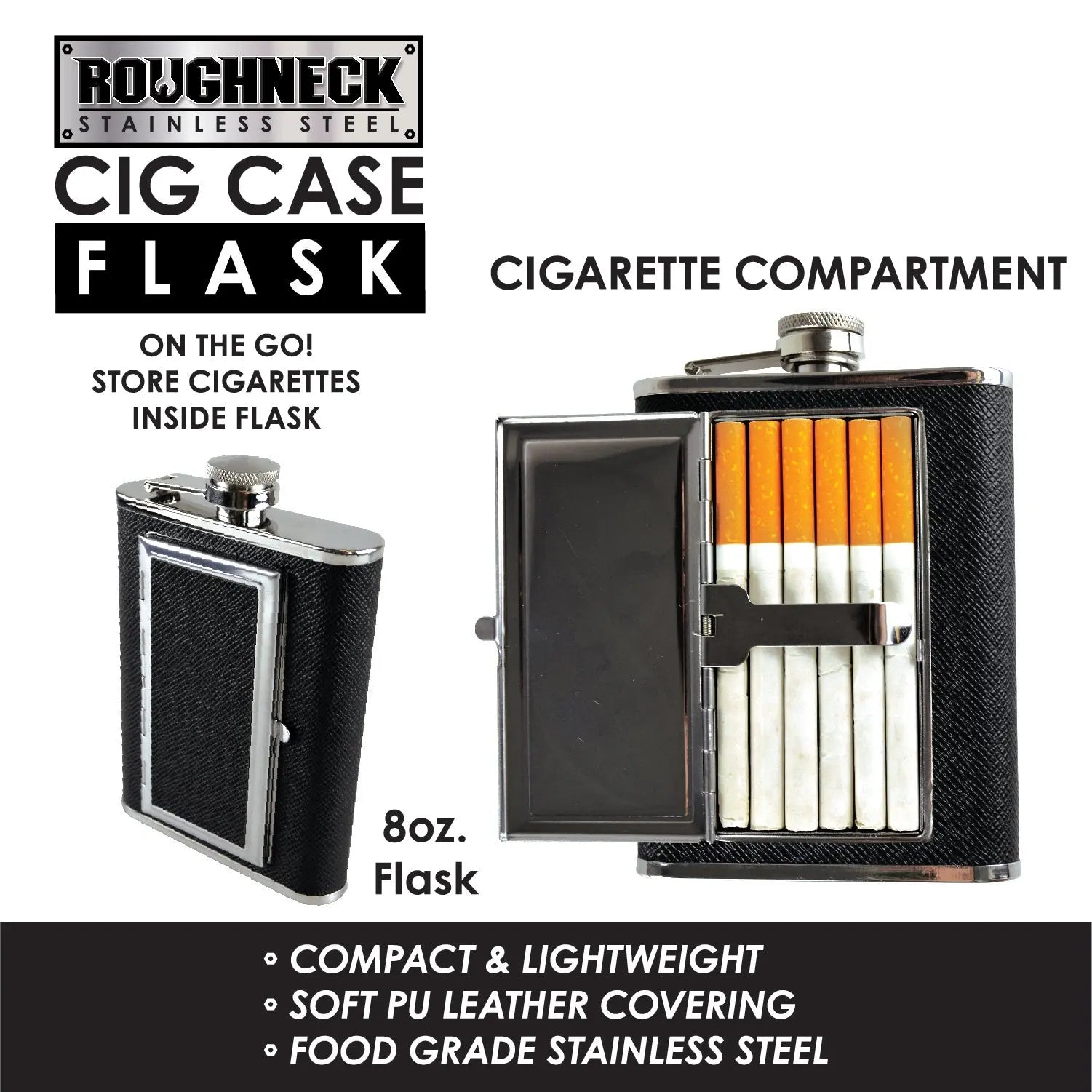 8 oz Stainless-Steel Flask with Cigarette Case - 6 Pieces Per Retail Ready Display 21768 ROUGHNECK