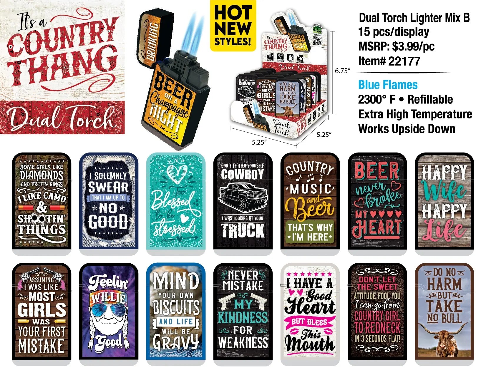 Country Thang Dual Torch Lighter - 15 Pieces Per Retail Ready Display 22177 SMOKEZILLA