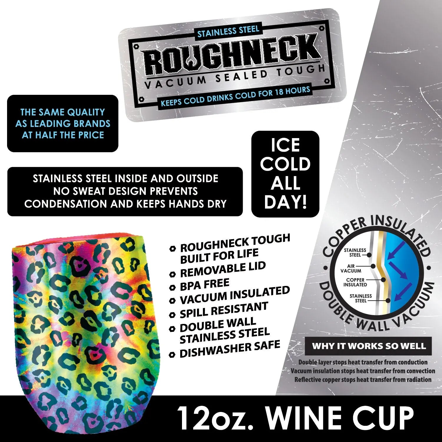 12 oz Insulated Stainless-Steel Wine Cup - 6 Pieces Per Retail Ready Display 22265 ROUGHNECK