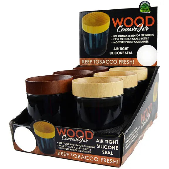 Smell Proof Storage Jar with Concave Wood Lid - 6 Pieces Per Retail Ready Display 22281 SMOKEZILLA