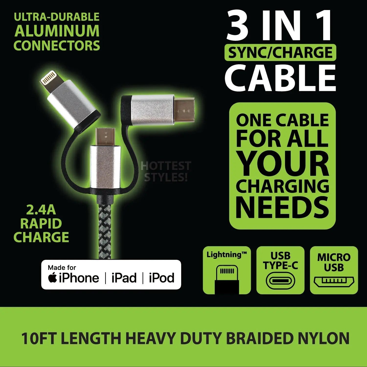 Charging Cable USB 3 in 1 Multi-Head USB-C / Micro USB / Lightning 10FT - 6 Pieces Per Retail Ready Display 22424 GADGET GEAR