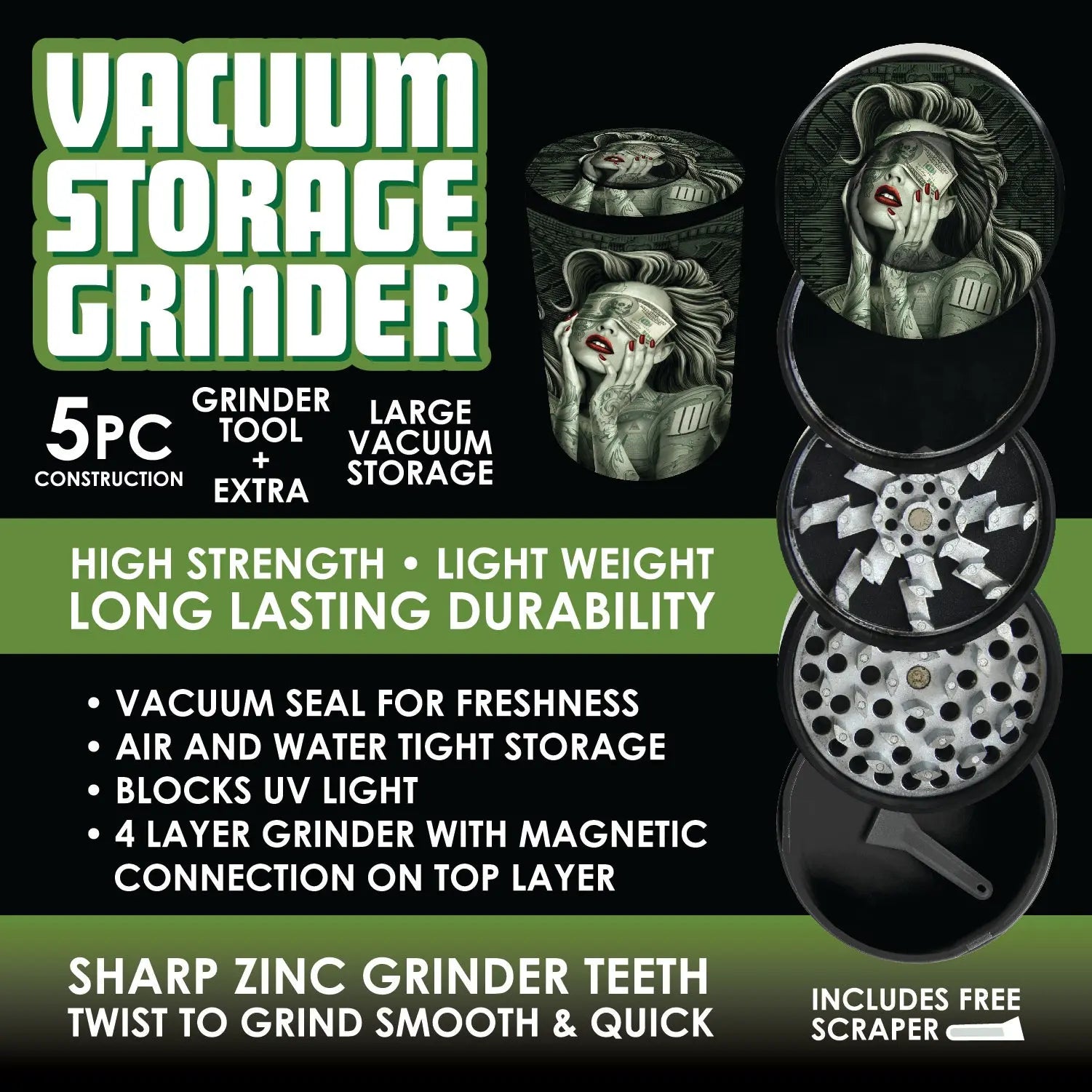Plastic 5 Piece Grinder with Vacuum Sealed Container - 6 Pieces Per Retail Ready Display 22578 SMOKEZILLA