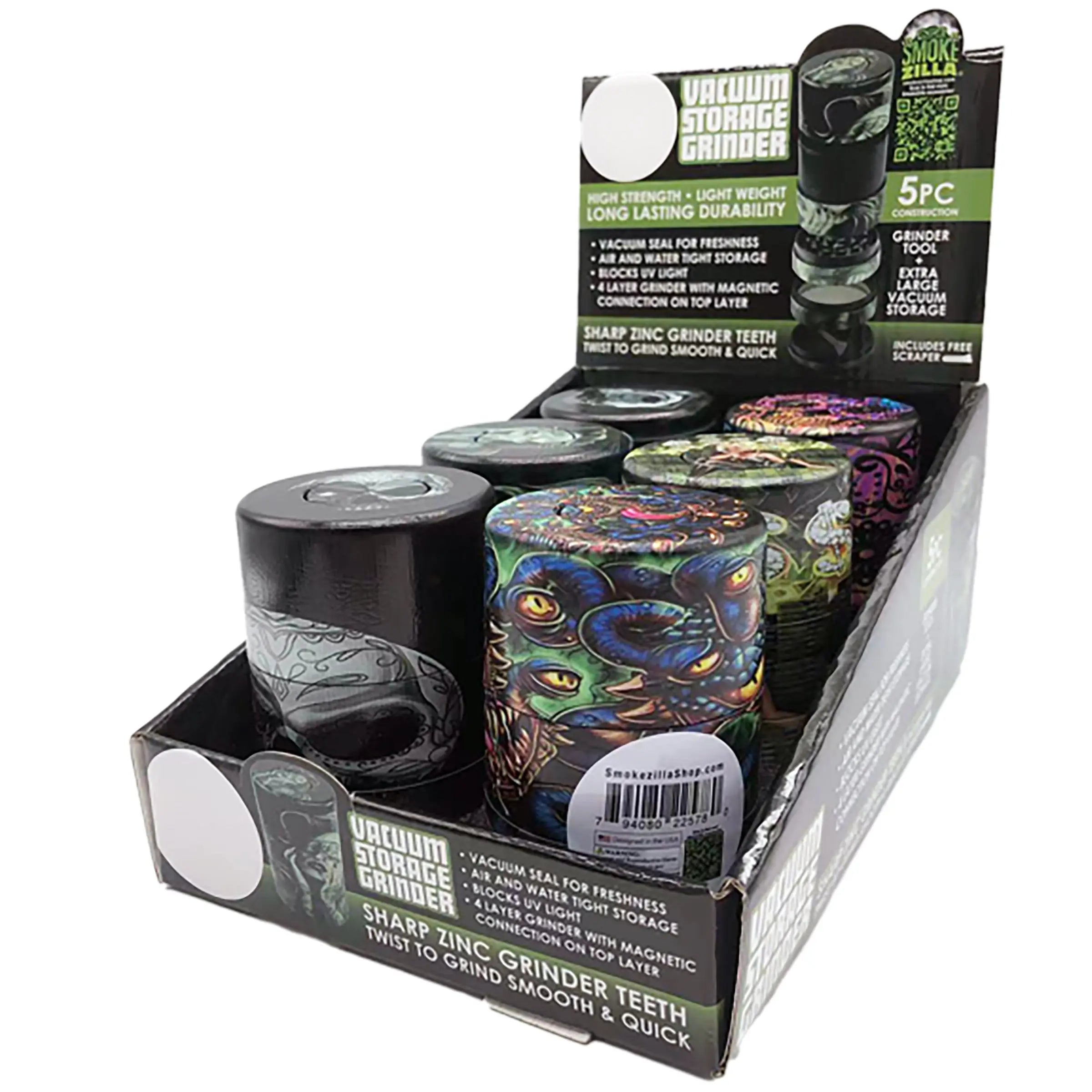 Plastic 5 Piece Grinder with Vacuum Sealed Container - 6 Pieces Per Retail Ready Display 22578 SMOKEZILLA