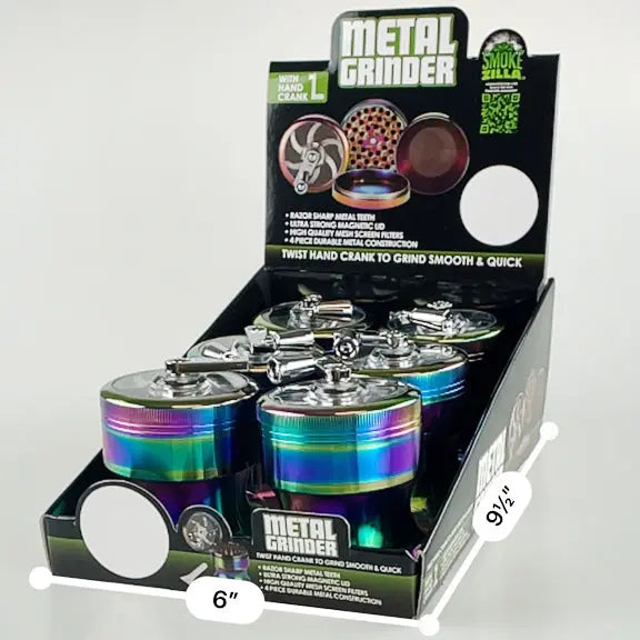Metal 4 Piece Rainbow Grinder with Crank - 6 Pieces Per Retail Ready Display 22703 SMOKEZILLA