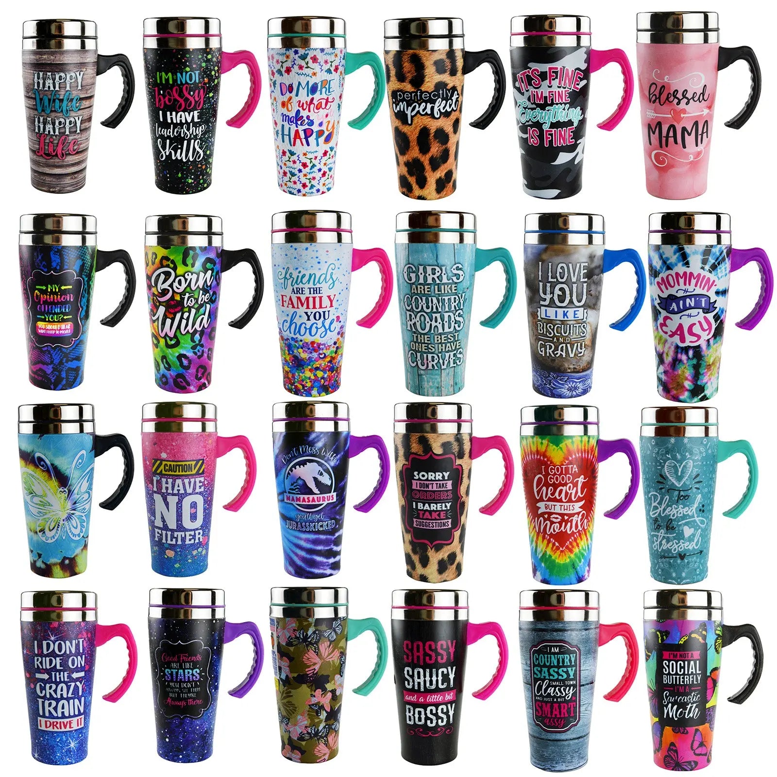 16 oz Travel Mug Assortment Floor Display - 24 Pieces Per Retail Ready Display 88388 NOVELTY INC
