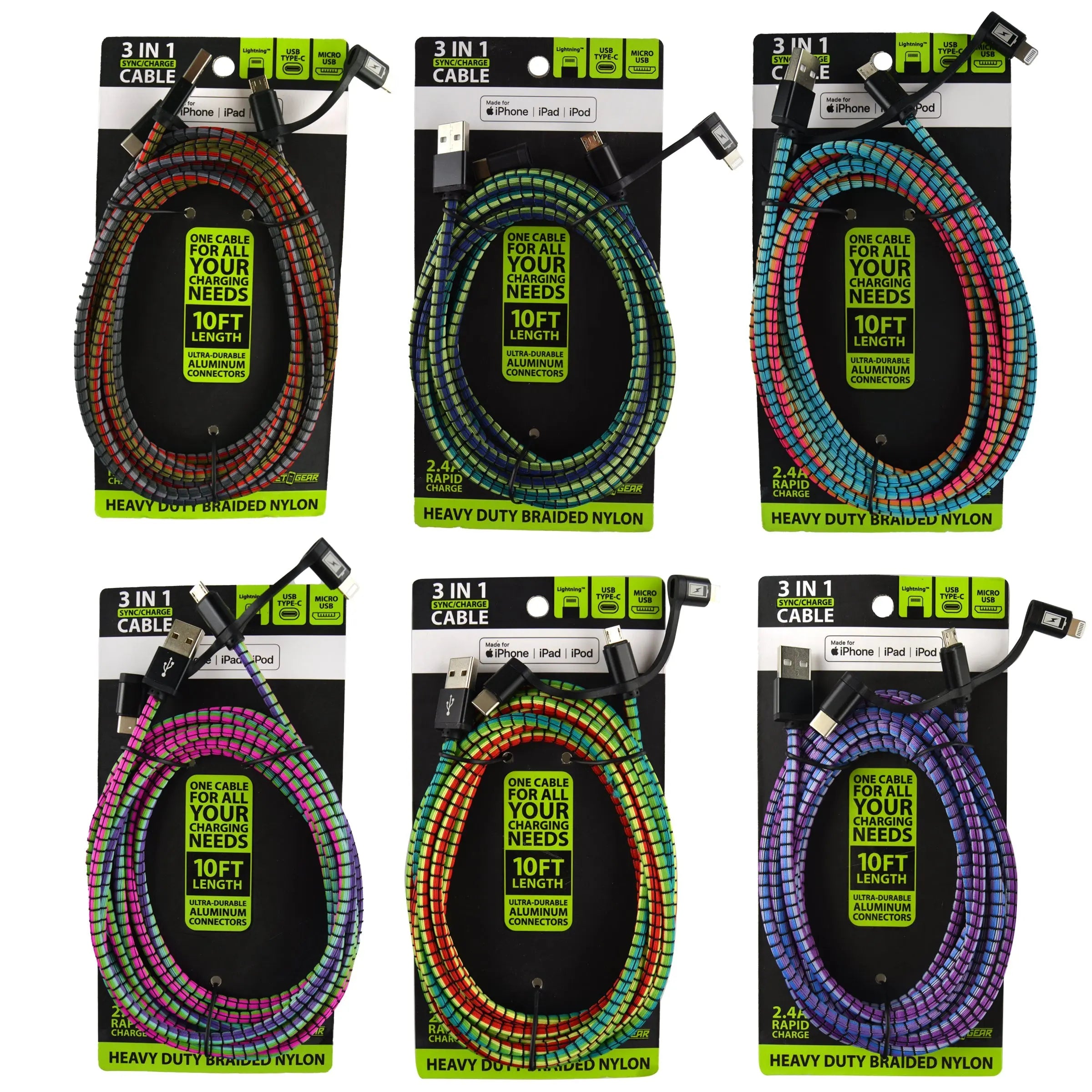 Charging Cable USB 3 in 1 Multi-Head USB-C / Micro USB / Lightning 10FT - 6 Pieces Per Retail Ready Display 23100 GADGET GEAR