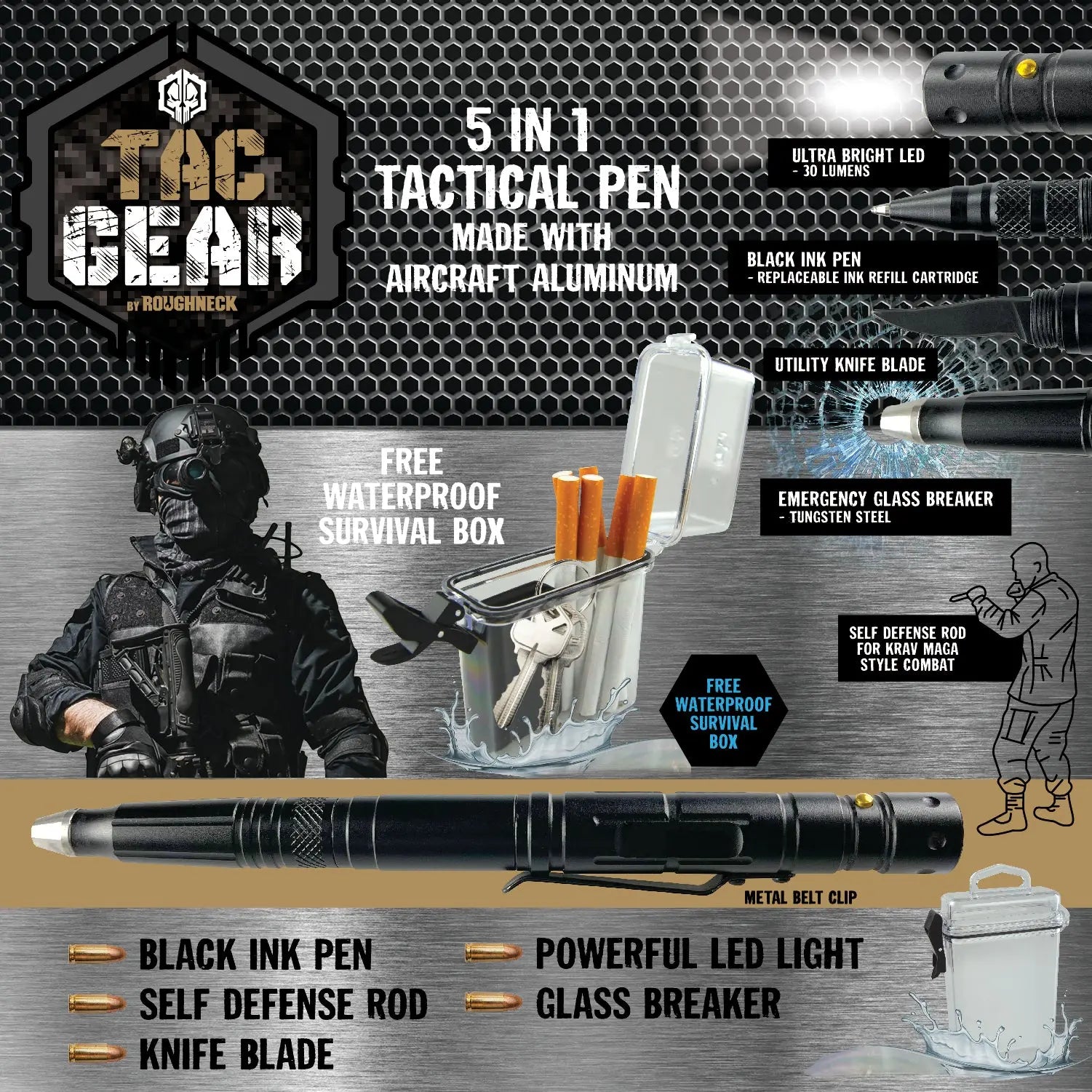 Multi-Tool 5-In-1 Tactical Pen Knife with LED Flashlight - 6 Pieces Per Retail Ready Display 23195 TAC GEAR