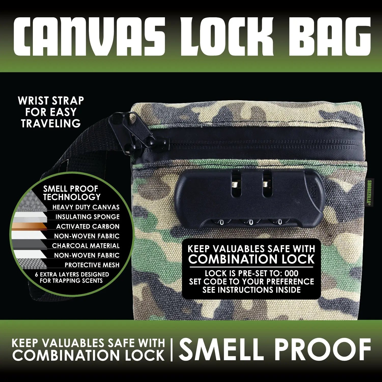 Smell Proof Canvas Locking Storage Bag - 6 Pieces Per Retail Ready Display 23221 SMOKEZILLA