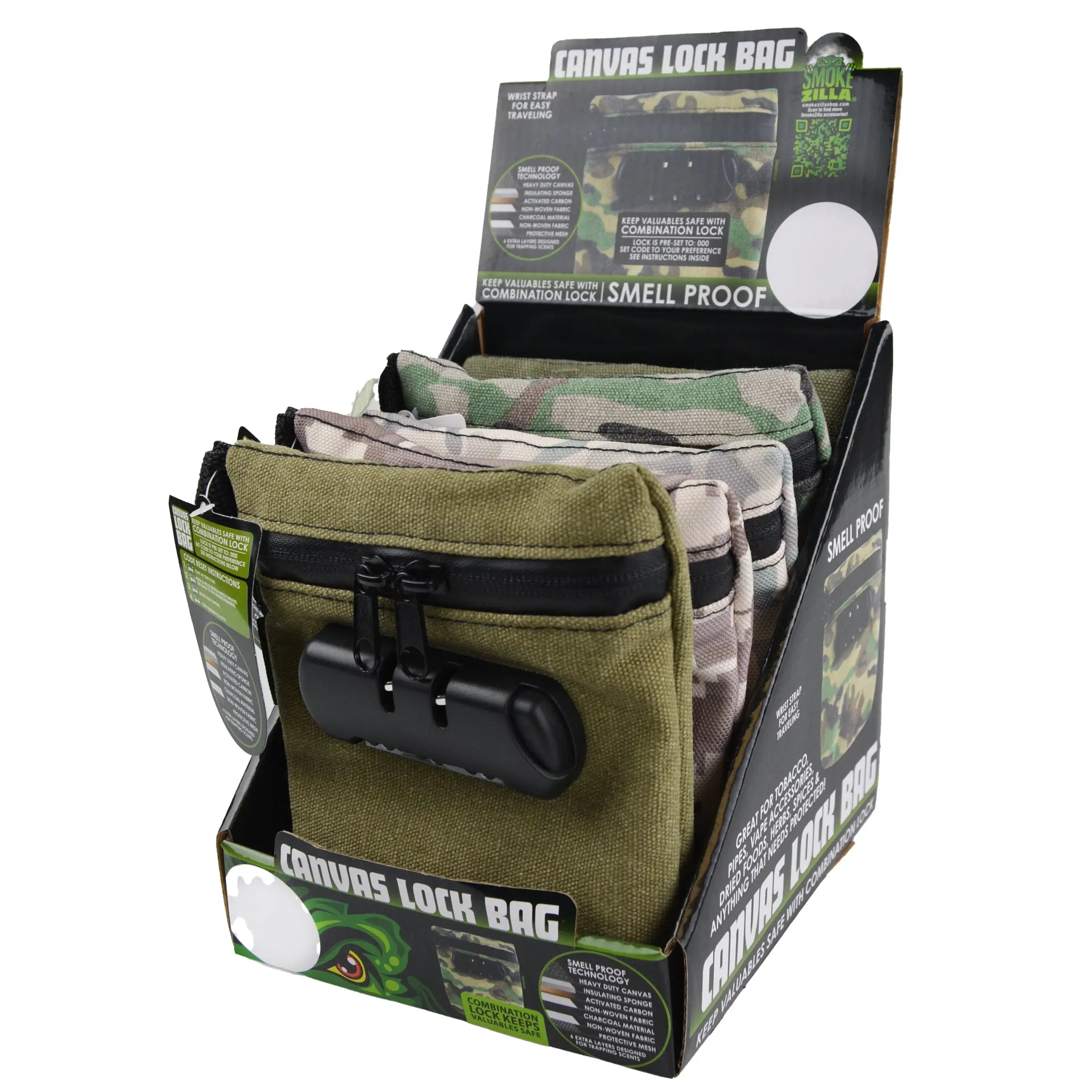 Smell Proof Canvas Locking Storage Bag - 6 Pieces Per Retail Ready Display 23221 SMOKEZILLA