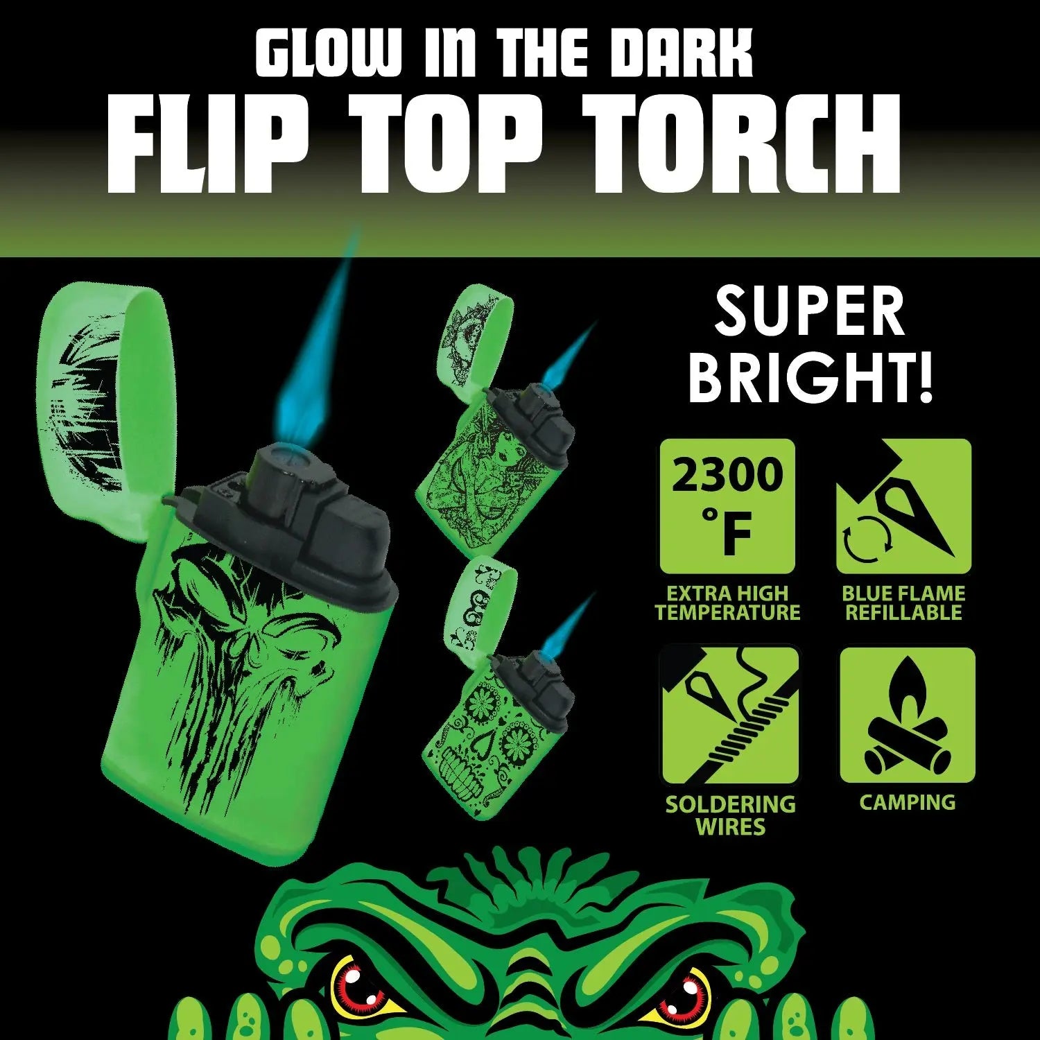 Glow In The Dark Flip Top Torch Lighter - 15 Pieces Per Retail Ready Display 23602 SMOKEZILLA