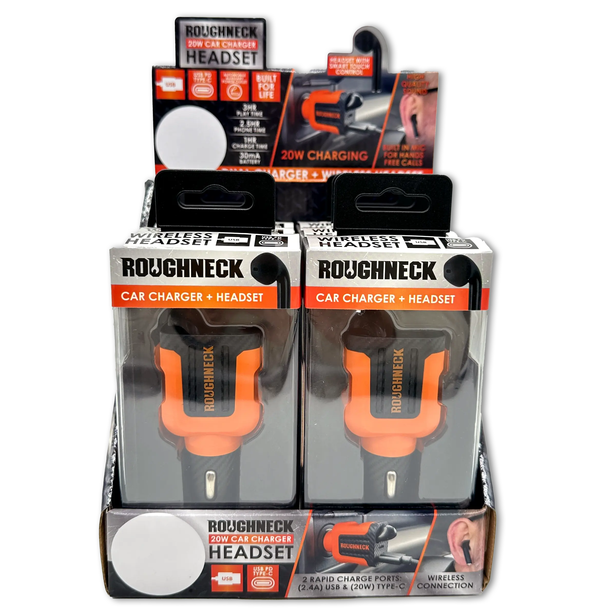 Car Charger Dual Port USB / USB-C with Earbud - 6 Pieces Per Retail Ready Display 23690 ROUGHNECK