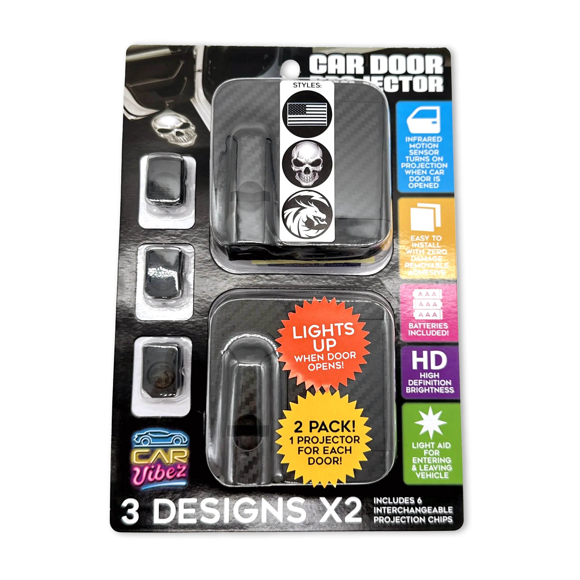 Car Door Light Projector with Assorted Designs - 6 Pieces Per Retail Ready Display 23694 CAR VIBEZ