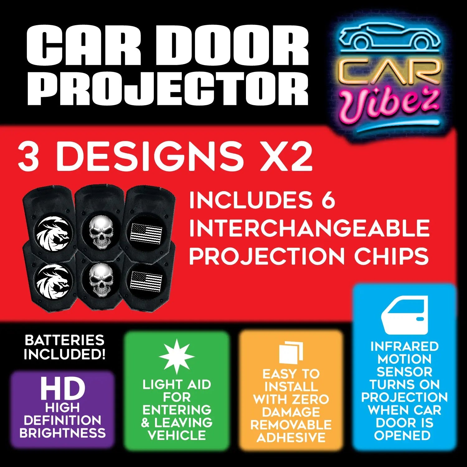 Car Door Light Projector with Assorted Designs - 6 Pieces Per Retail Ready Display 23694 CAR VIBEZ