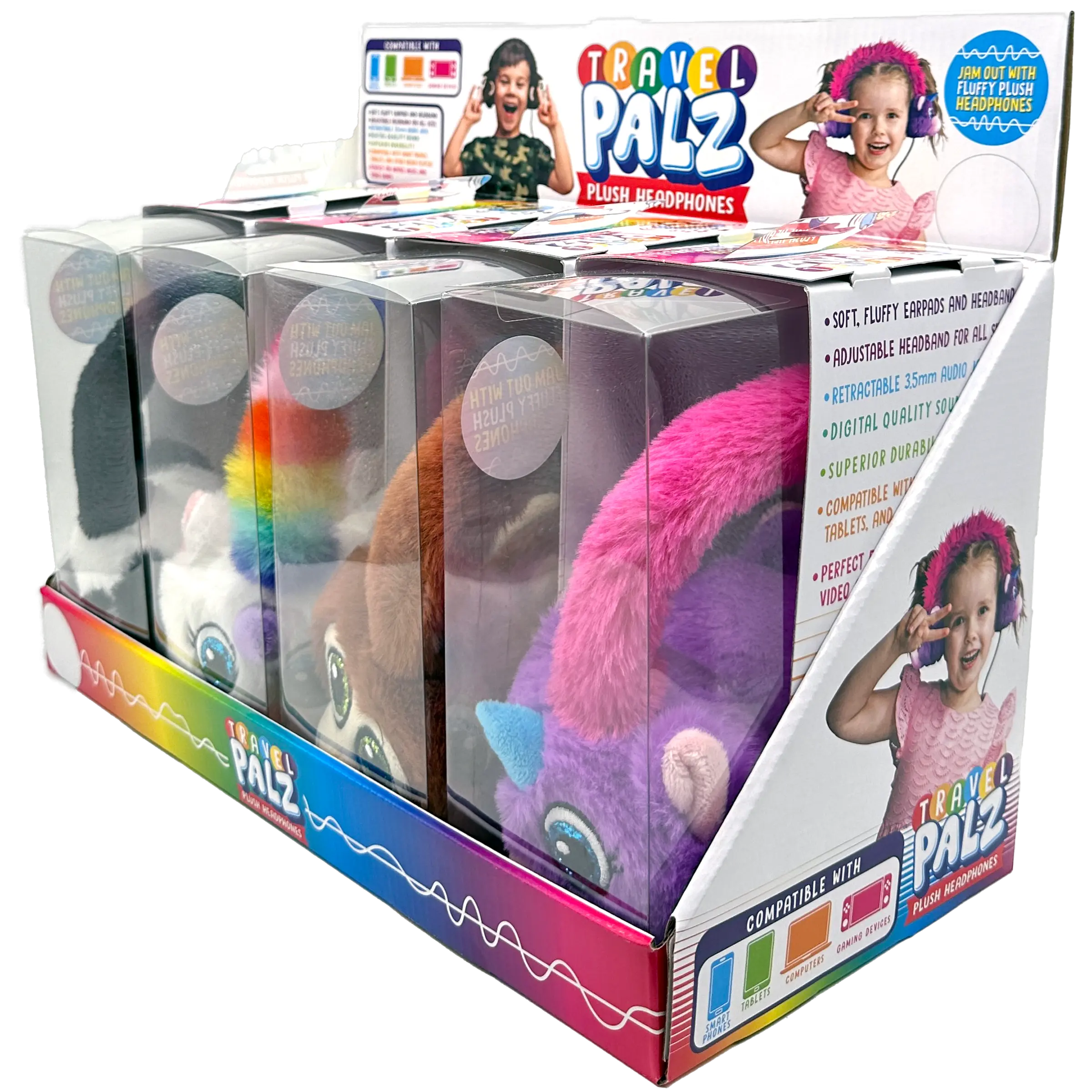 Wired Headphones Travel Pals Kids Plush with Retractable Cord - 4 Pieces Per Retail Ready Display 23699 KIPP BROTHERS