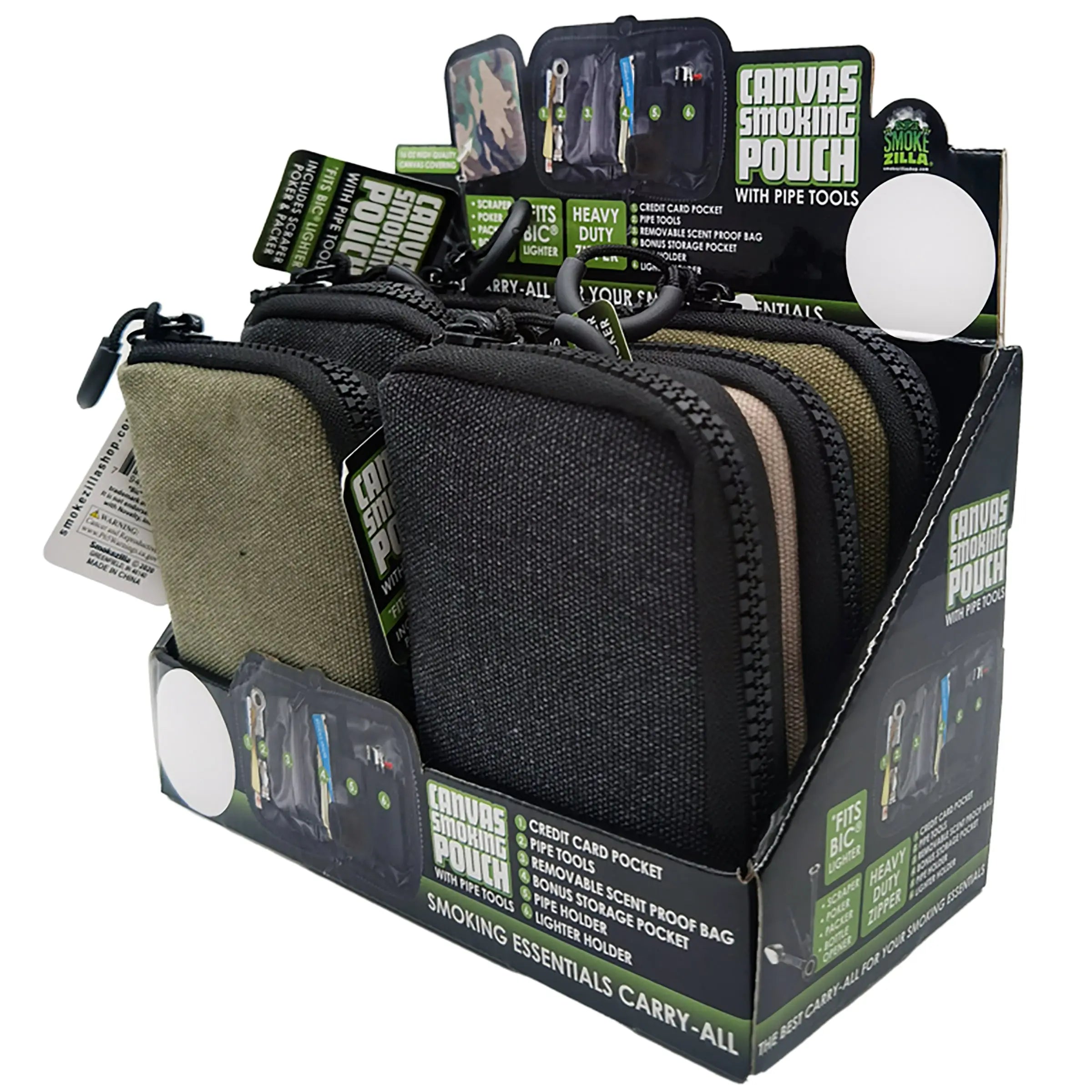 Canvas Smoking Pouch with Zipper  - 6 Pieces Per Retail Ready Display 26016 SMOKEZILLA