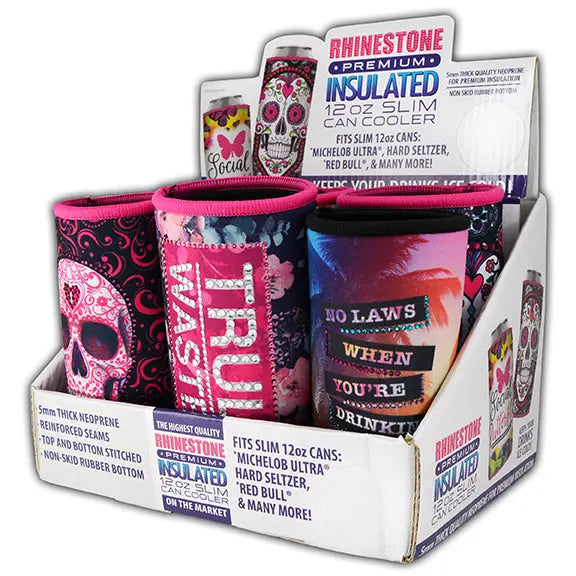 Neoprene Rhinestone Slim Can Cooler - 6 Per Retail Ready Display 26580 POLAR GEAR