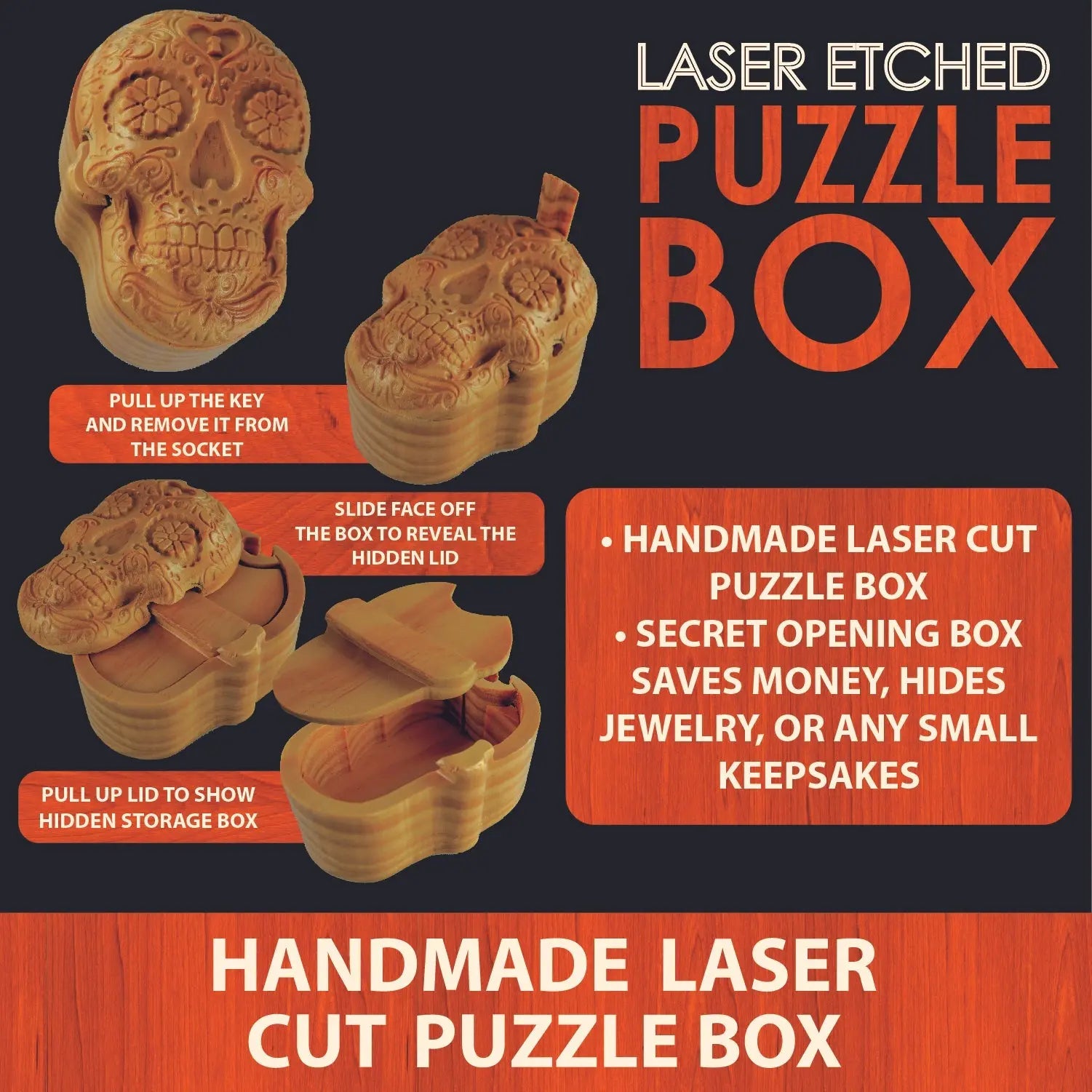 Wood Skull Puzzle Storage Box - 6 Pieces Per Retail Ready Display 23229 SMOKEZILLA