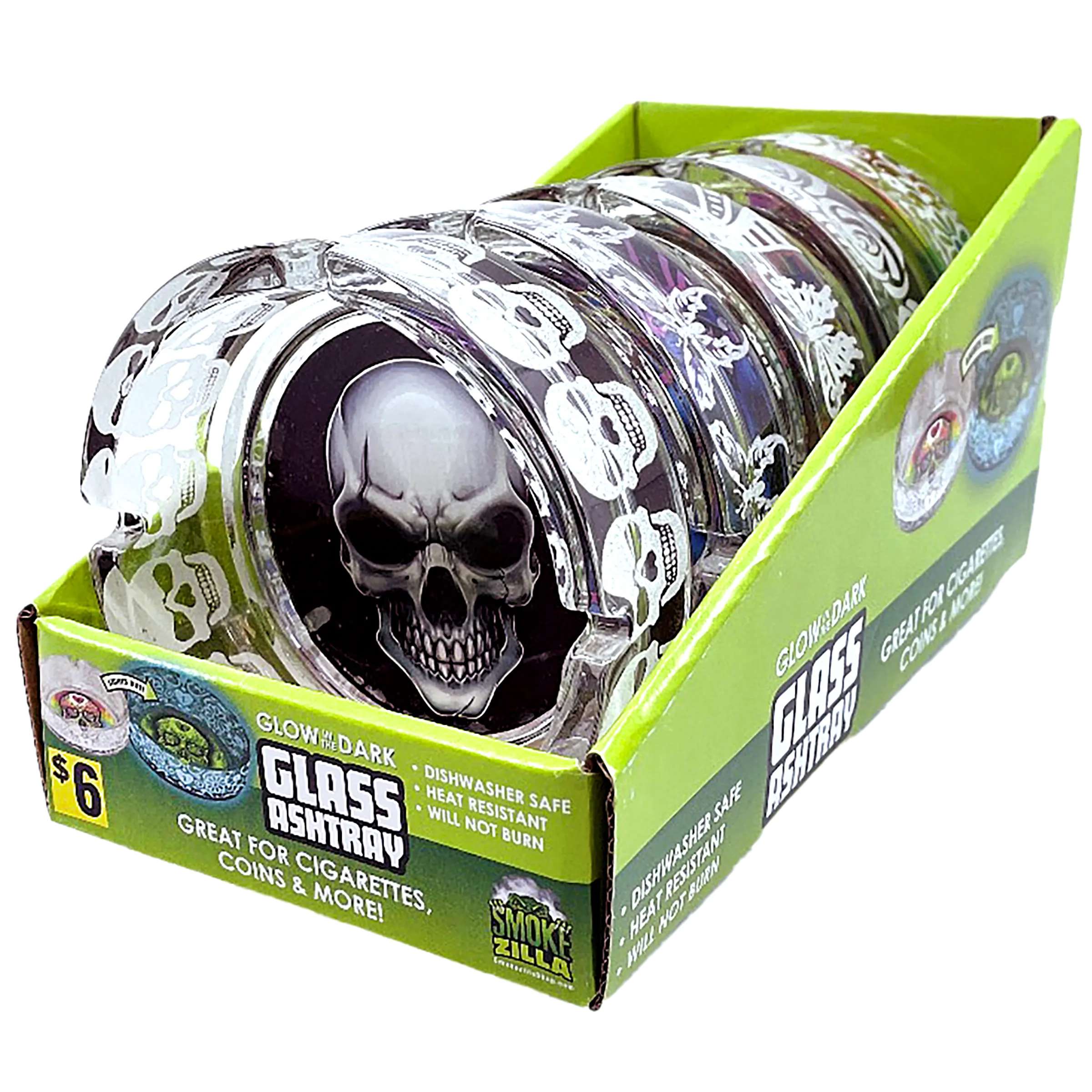 Glow in The Dark Glass Ashtray - 5 Pieces Per Retail Ready Display 41358 SMOKEZILLA