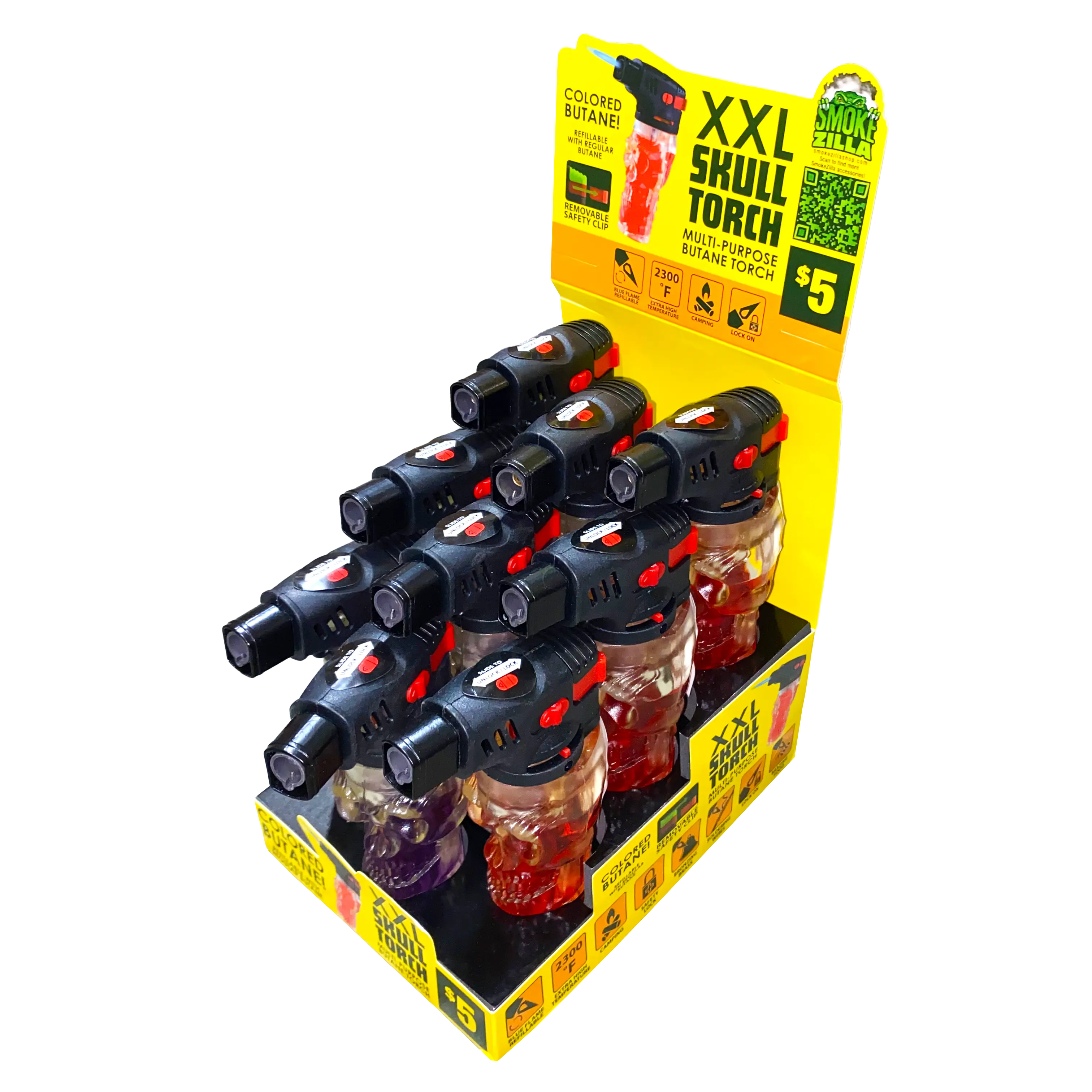 Colored Butane Molded Skull XXL Torch Lighter - 9 Pieces Per Retail Ready Display 41561 SMOKEZILLA