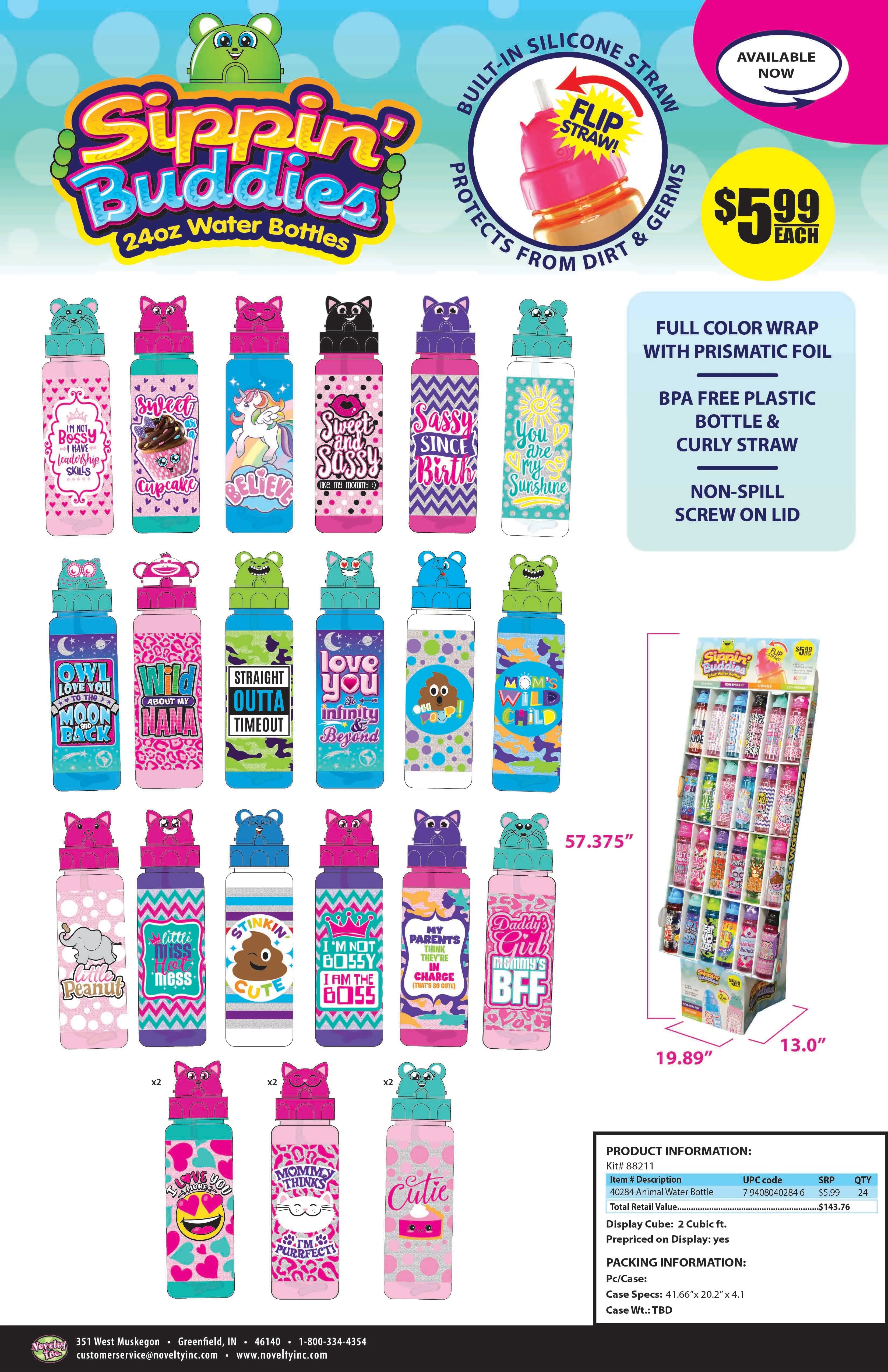 24Oz Kids Water Bottle Assortment Floor Display - 24 Pieces Per Retail Ready Display 88211 KIPP BROTHERS