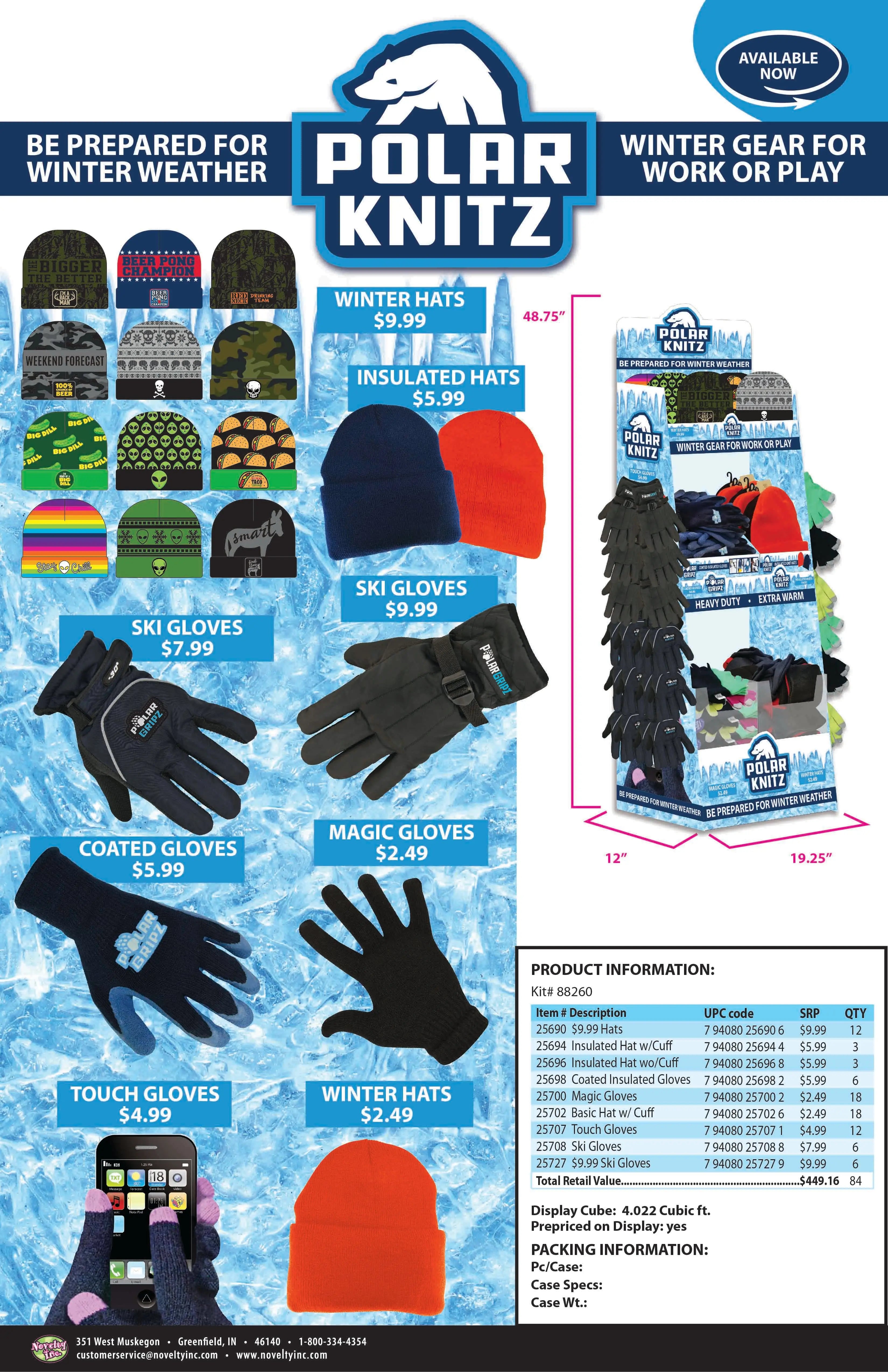 Winter Knit Hat Beanie and Glove Assortment Floor Display - 84 Pieces Per Retail Ready Display 88260 POLAR GEAR