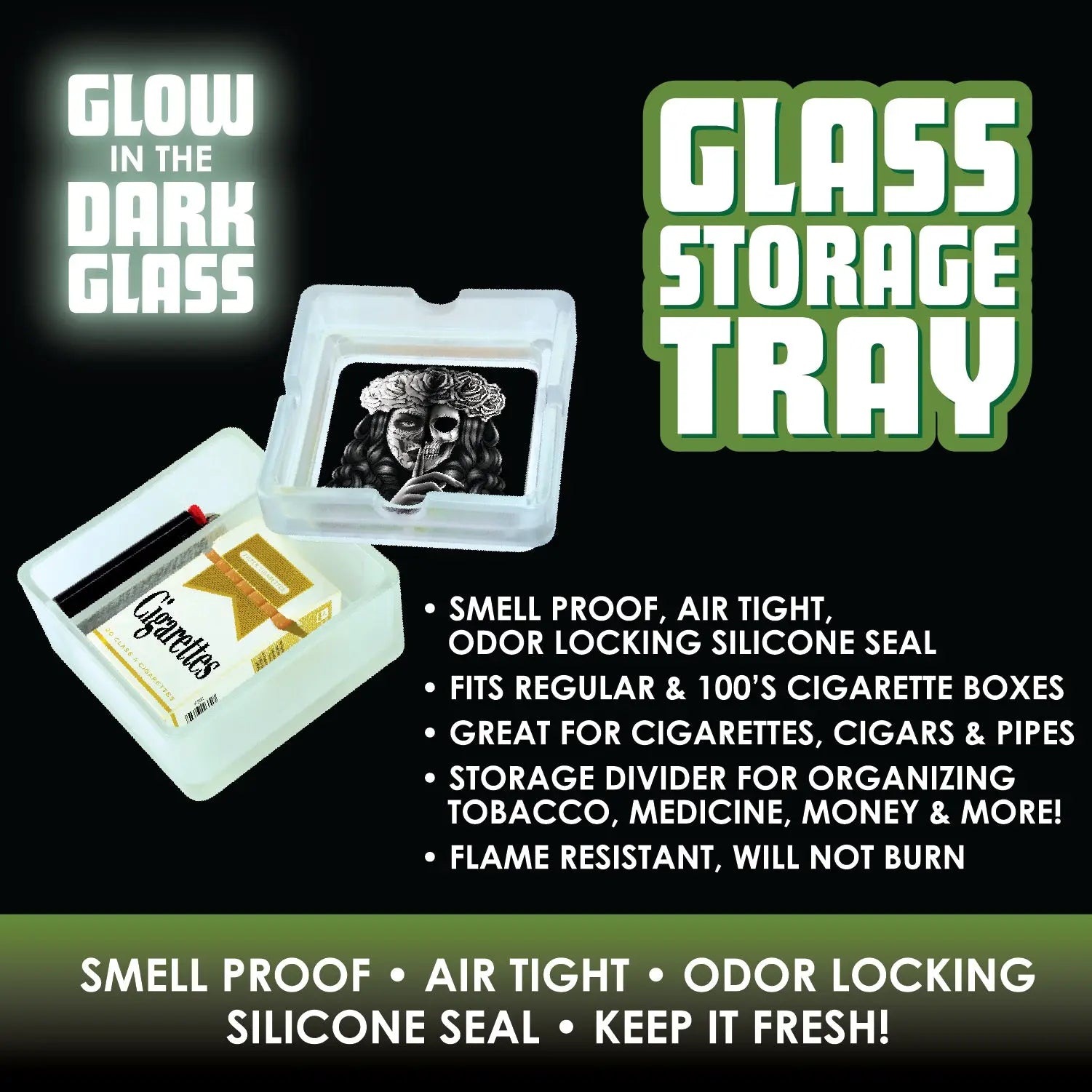 Glow in The Dark Large Glass Ashtray with Storage - 6 Per Retail Ready Display 88292 SMOKEZILLA