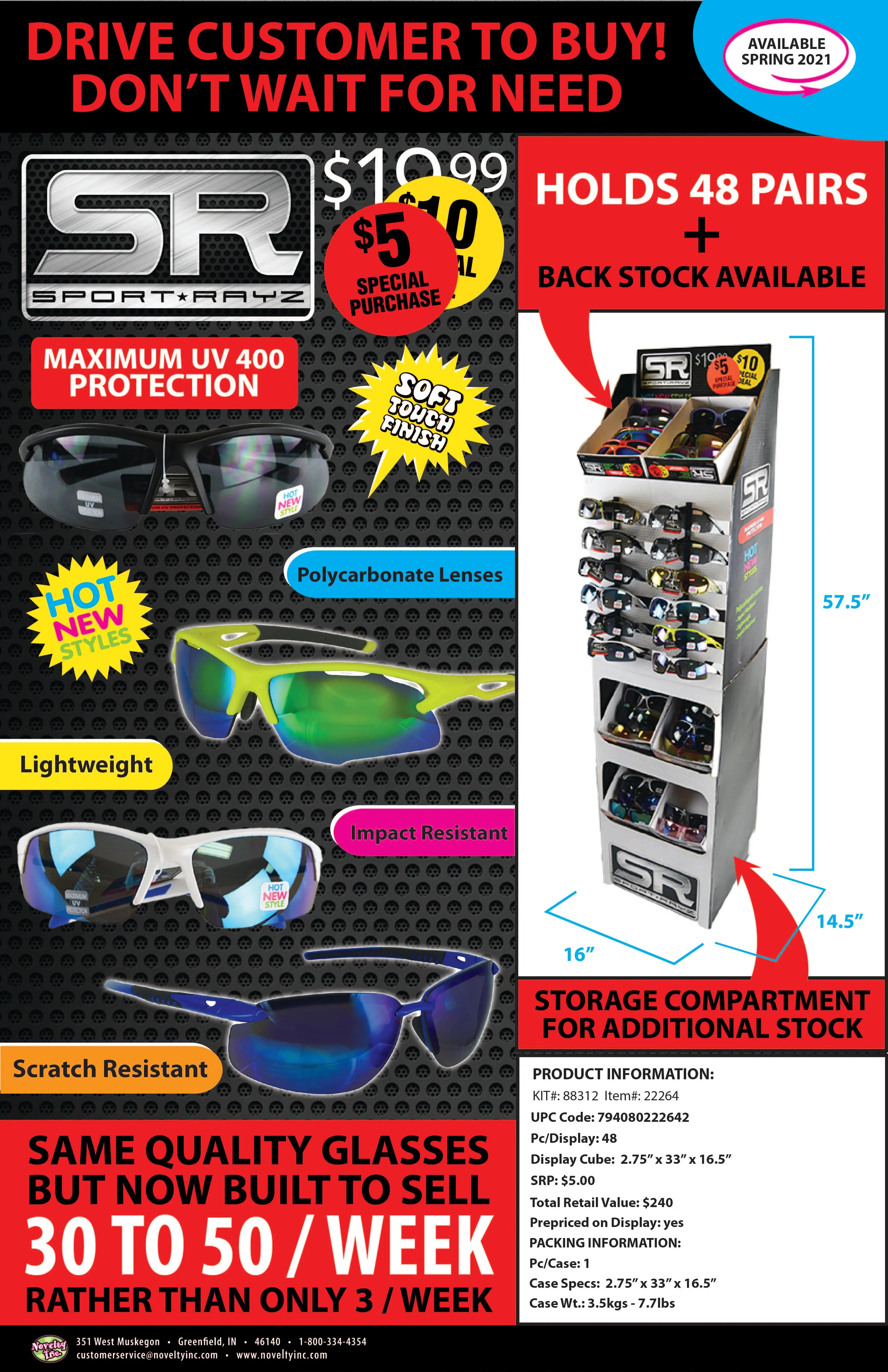 Sunglasses Sport Rayz Assortment Floor Display - 48 Pieces Per Retail Ready Display 88312 DRIVER'S EDGE