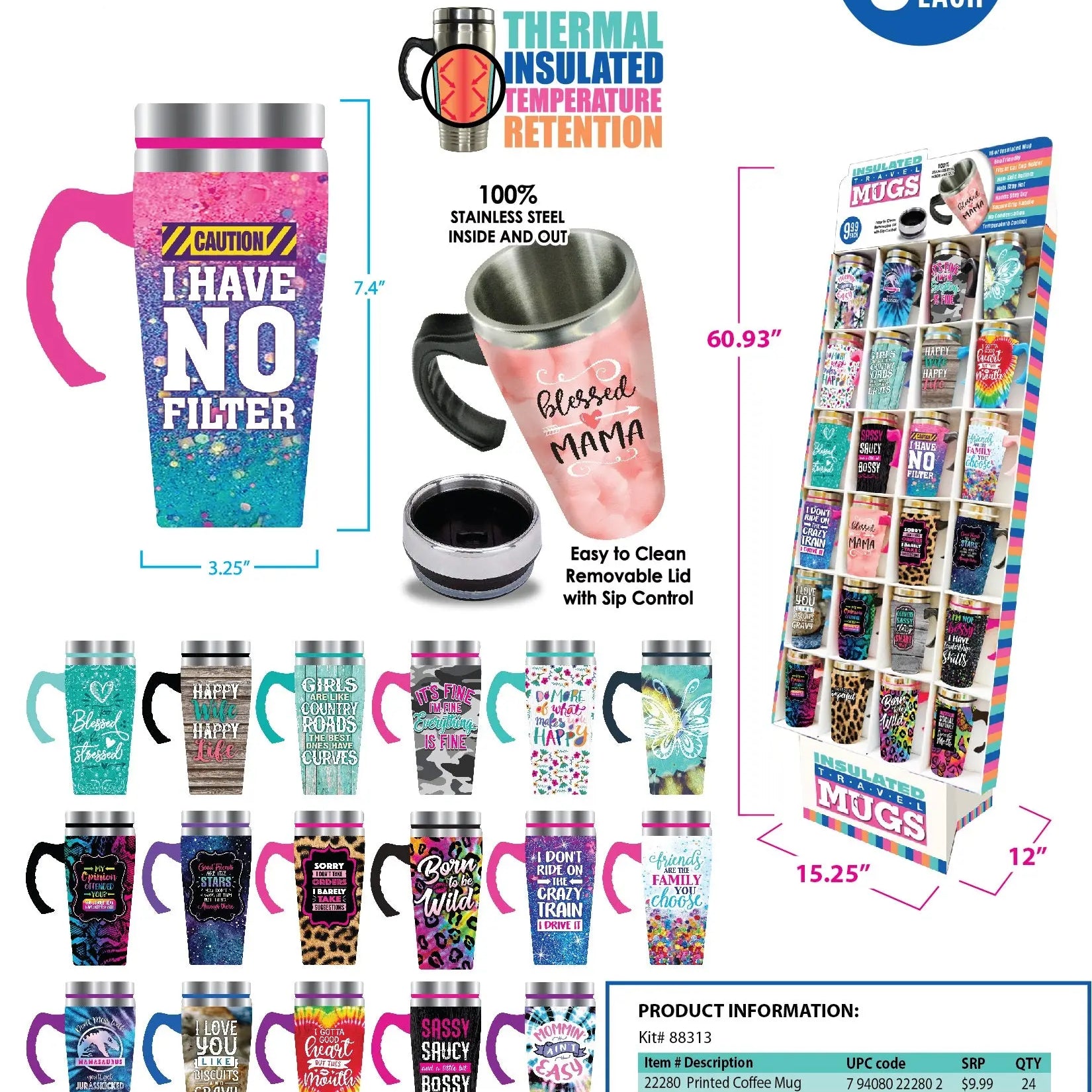 16 oz Travel Mug Assortment Floor Display - 24 Pieces Per Retail Ready Display 88313 NOVELTY INC
