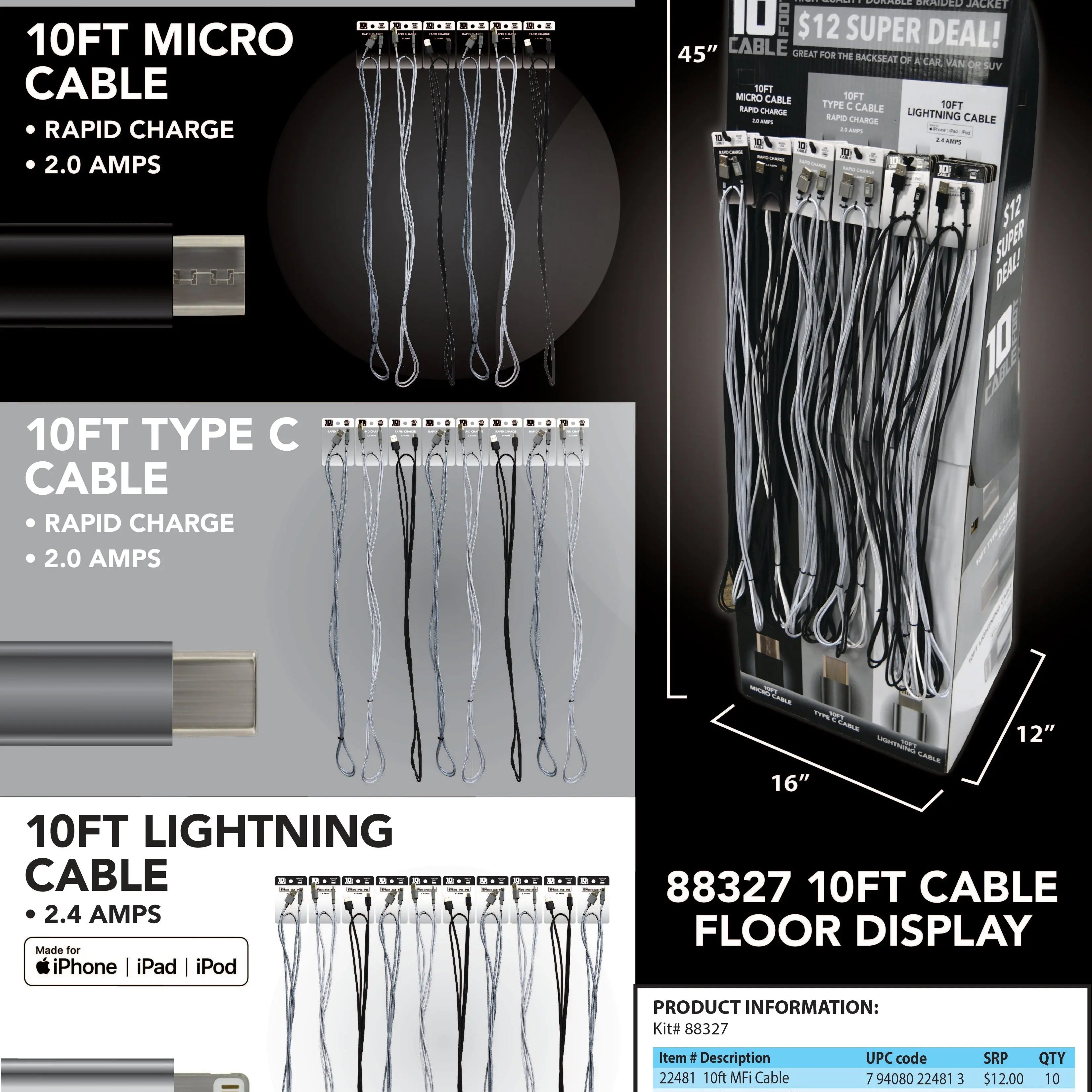 10FT Braided Sync and Charge Cable Assortment Floor Display - 24 Pieces Per Retail Ready Display 88327 GADGET GEAR