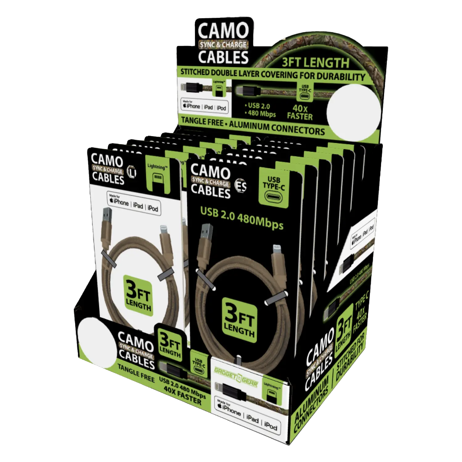 Charging Cable Camo Assortment 3FT - 12 Pieces Per Retail Ready Display 88457 GADGET GEAR