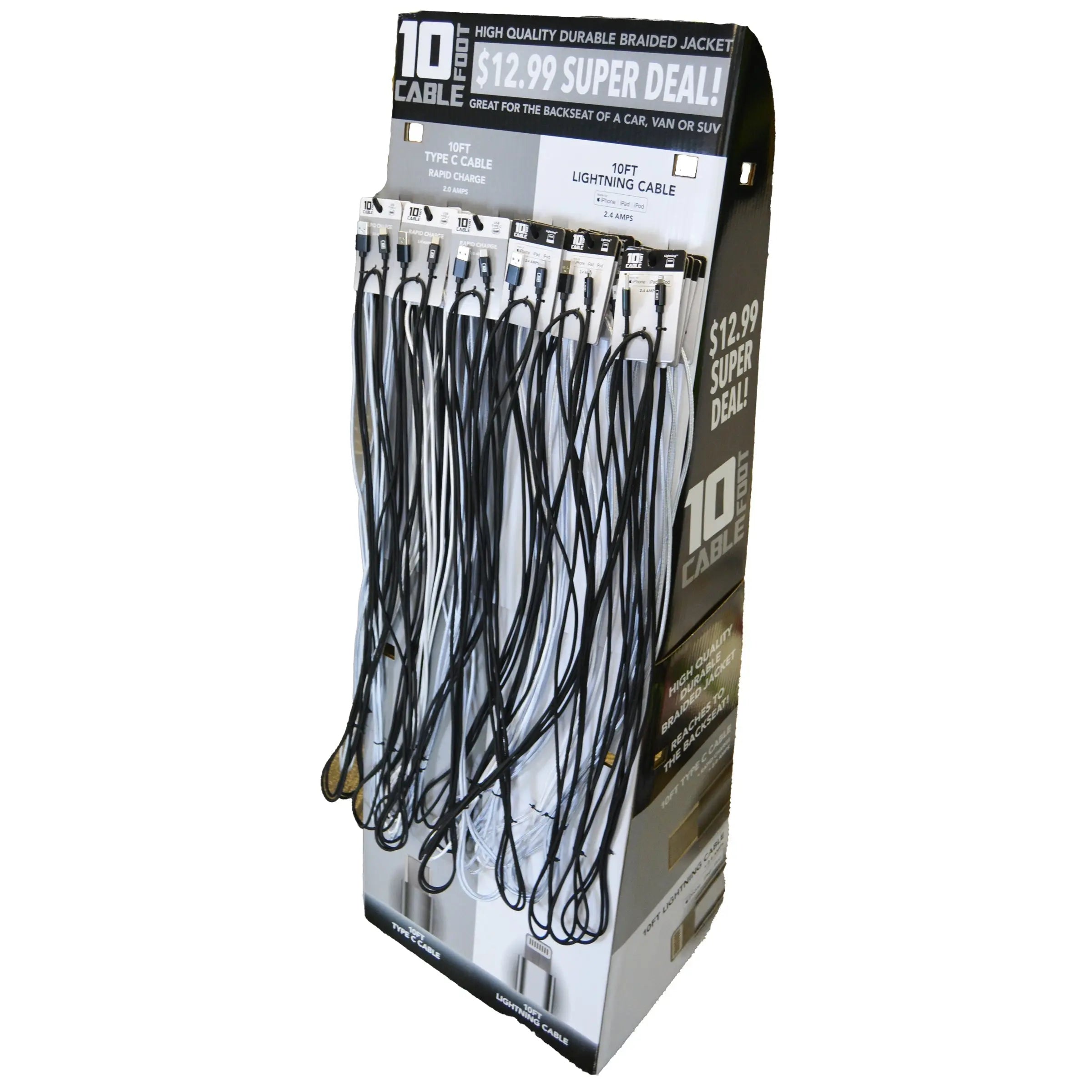 10FT Braided Sync and Charge Cable Assortment Floor Display - 24 Pieces Per Retail Ready Display 88384 GADGET GEAR