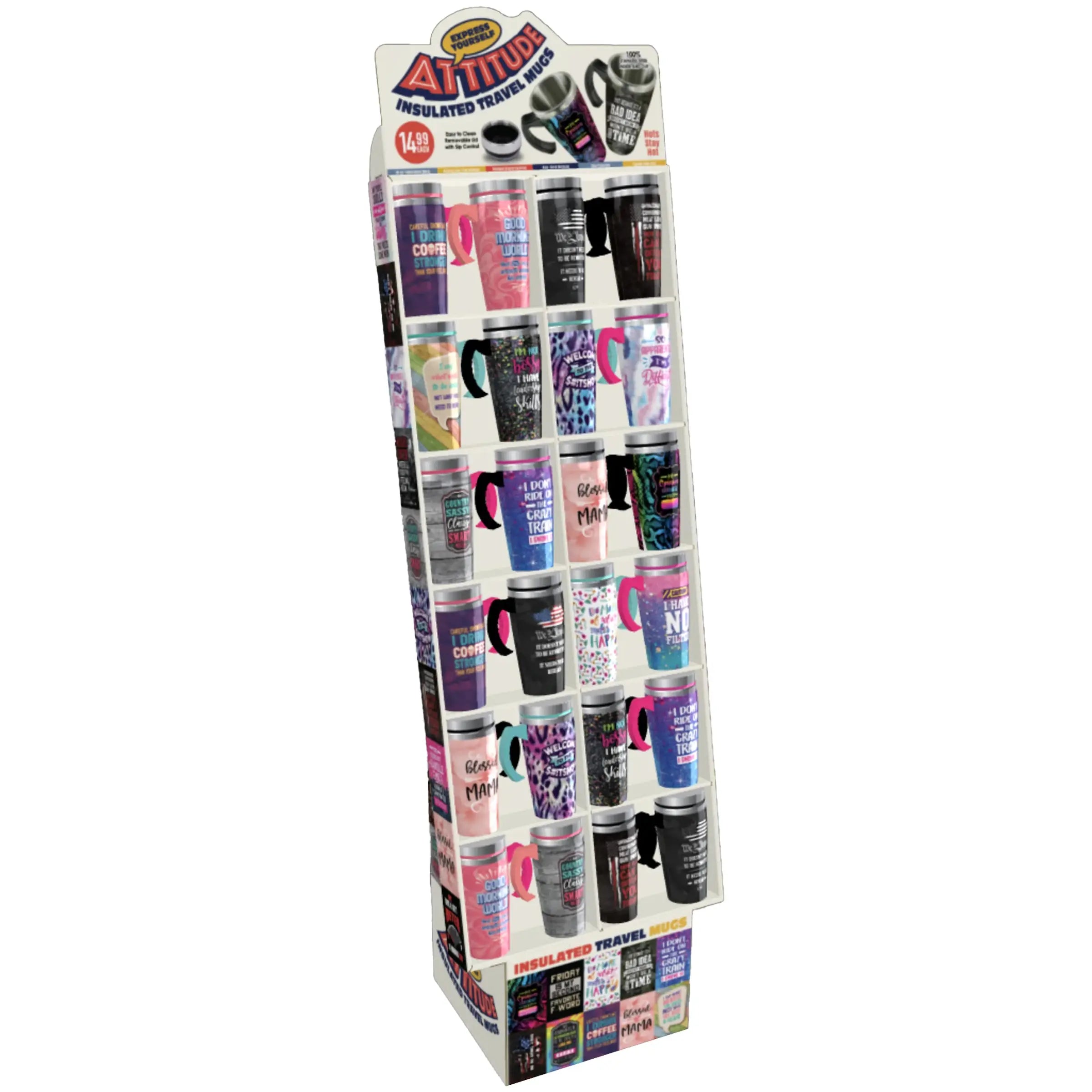 16 oz Travel Mug Assortment Floor Display - 24 Pieces Per Retail Ready Display 88415 NOVELTY INC