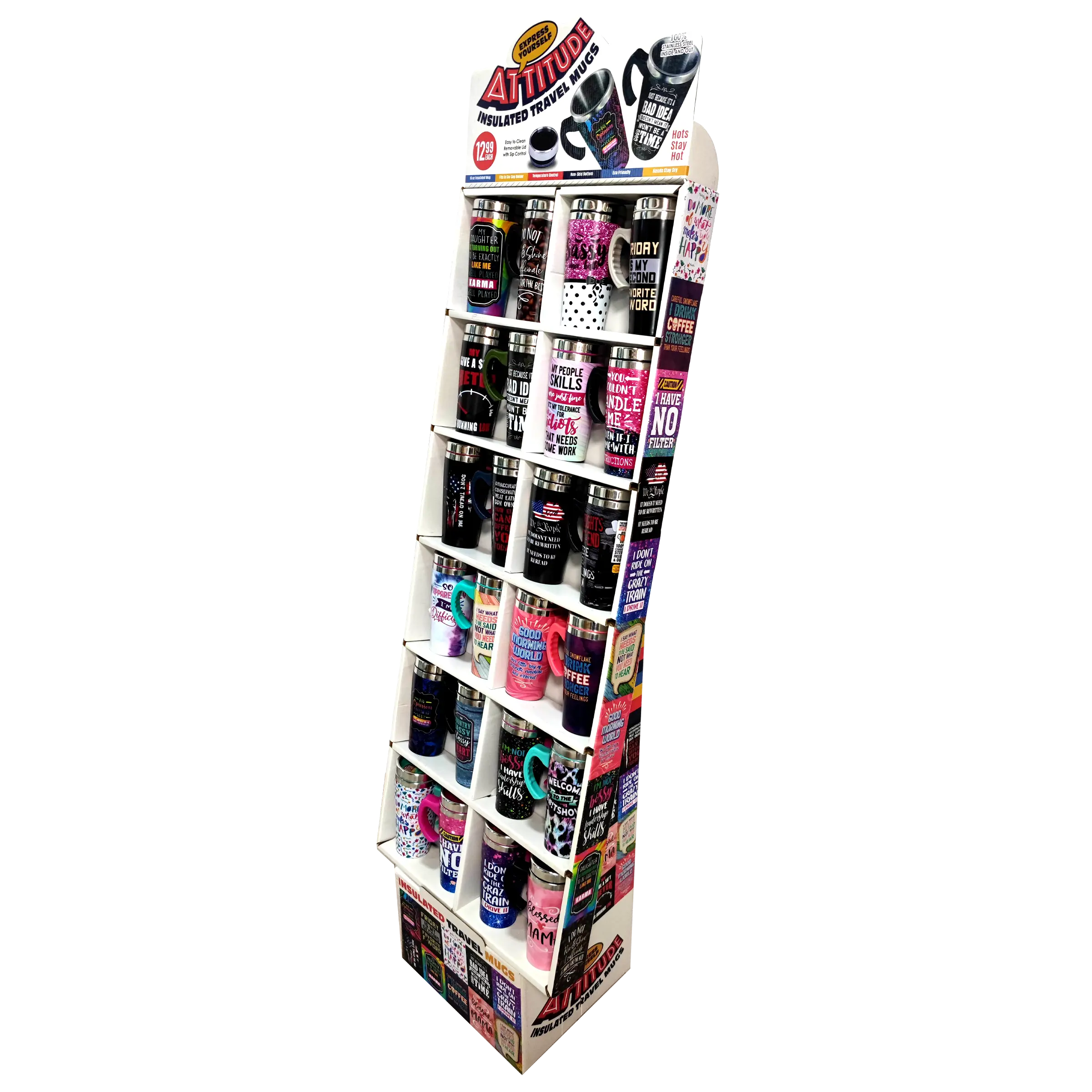 16 oz Travel Mug Assortment Floor Display - 24 Pieces Per Retail Ready Display 88415 NOVELTY INC