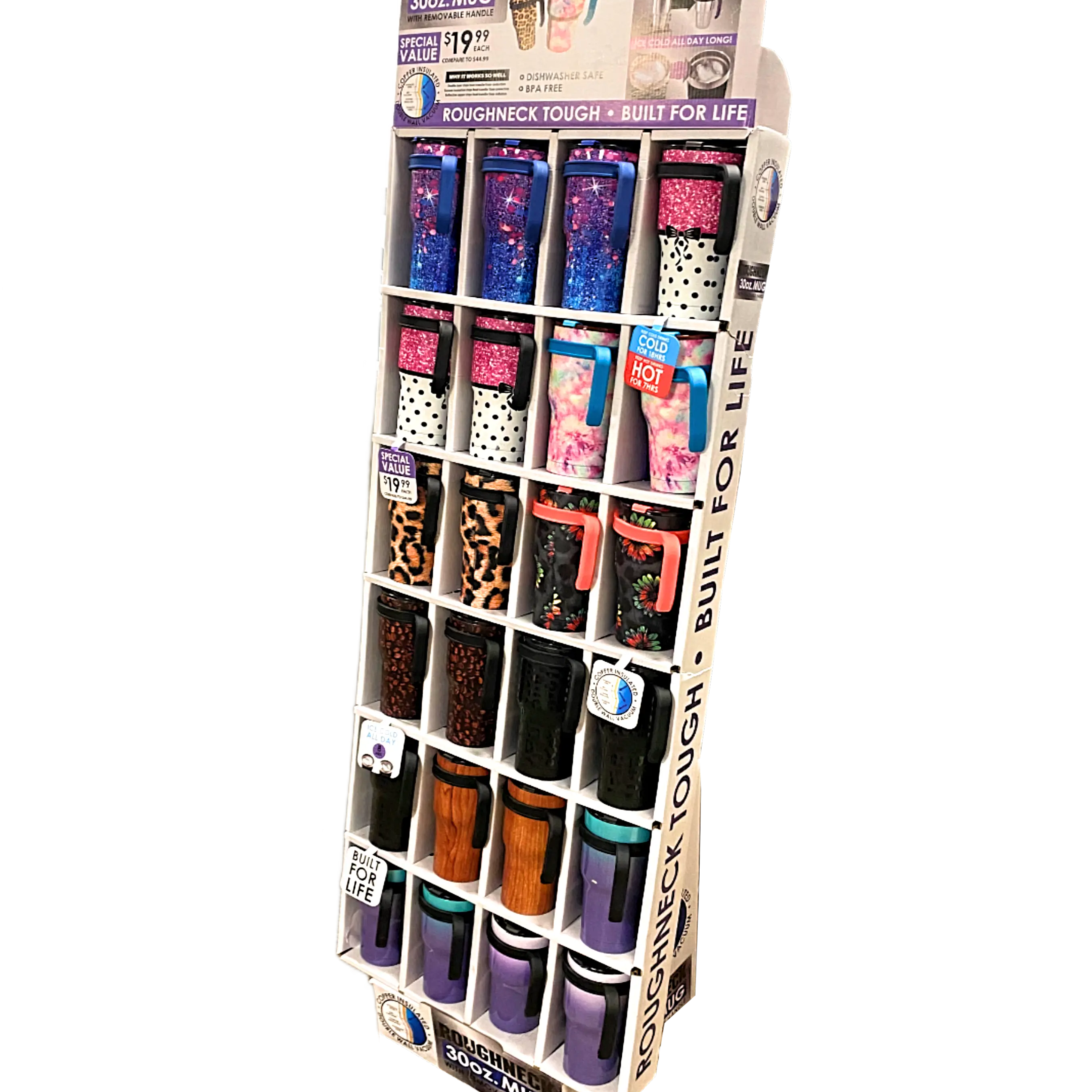 30 oz Insulated Stainless-Steel Cup with Handle Assortment Floor Display - 24 Pieces Per Retail Ready Display 88446 ROUGHNECK
