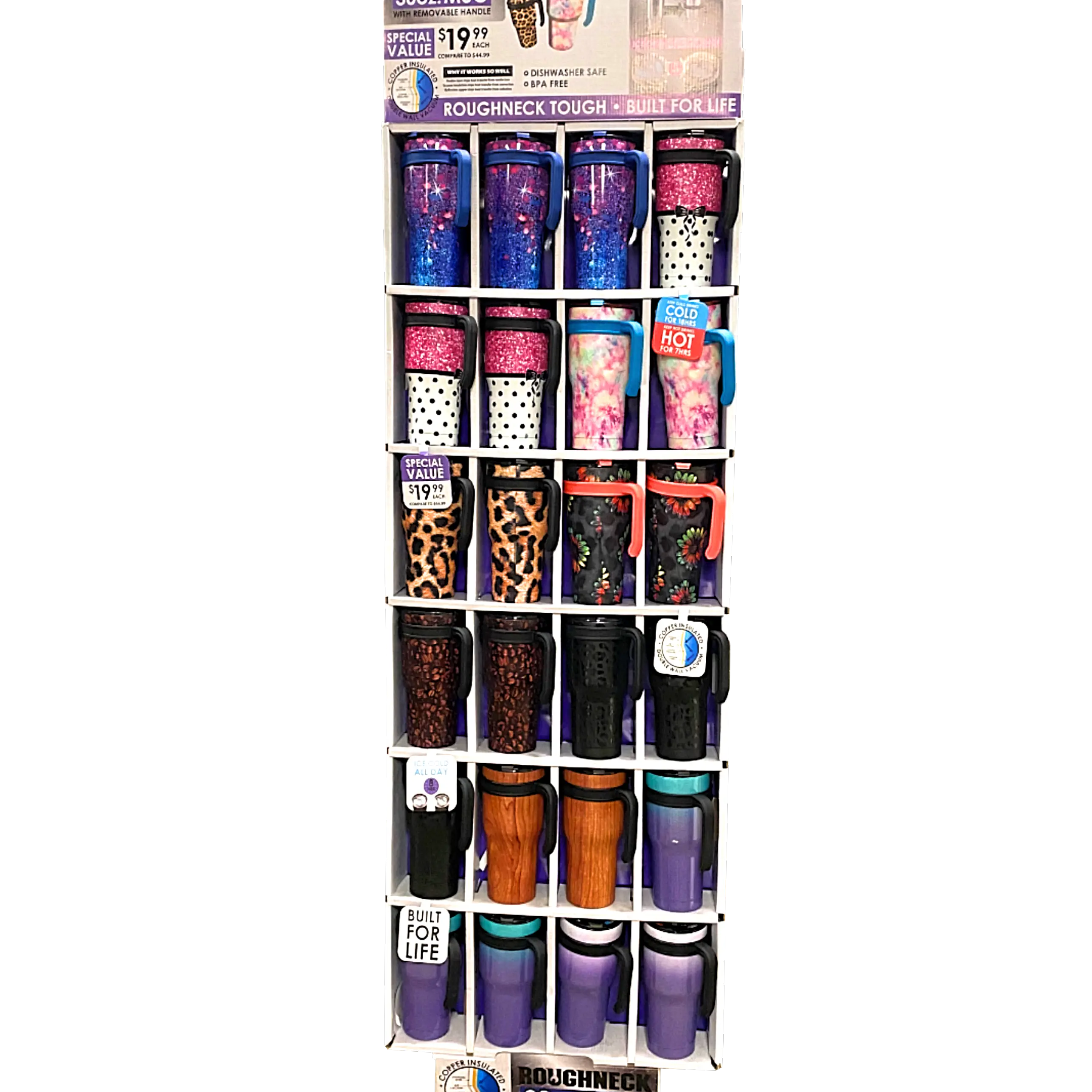 30 oz Insulated Stainless-Steel Cup with Handle Assortment Floor Display - 24 Pieces Per Retail Ready Display 88446 ROUGHNECK