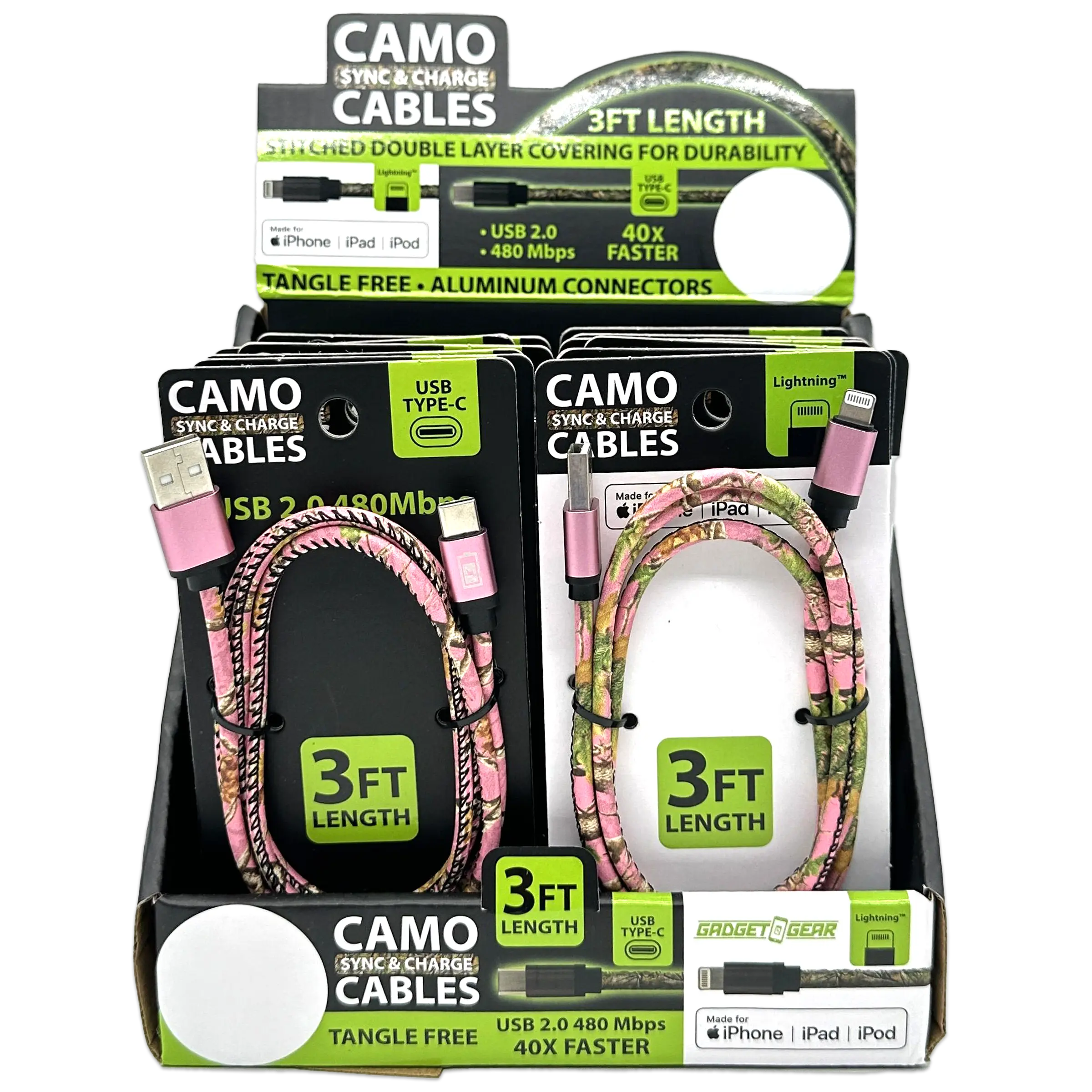 Charging Cable Camo Assortment 3FT - 12 Pieces Per Retail Ready Display 88457 GADGET GEAR